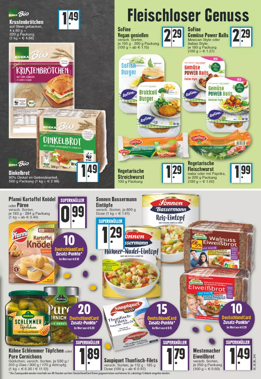 Aktueller Prospekt Edeka - Angebote der Woche - von 17.01 bis 22.01.2022 - strona 15 - produkty: ball, brot, brötchen, burger, deutschlandcard, eintopf, eintöpfe, eis, Eiweißbrot, erde, filet, filets, fisch, fleisch, fleischwurst, geback, honig, kartoffel, Knödel, Kühne, mac, mestemacher, mit paprika, natur, nudel, nuss, paprika, pfanni, püree, reis, saupiquet, thunfisch, Ti, topf, Töpfchen, Vegeta, wurst