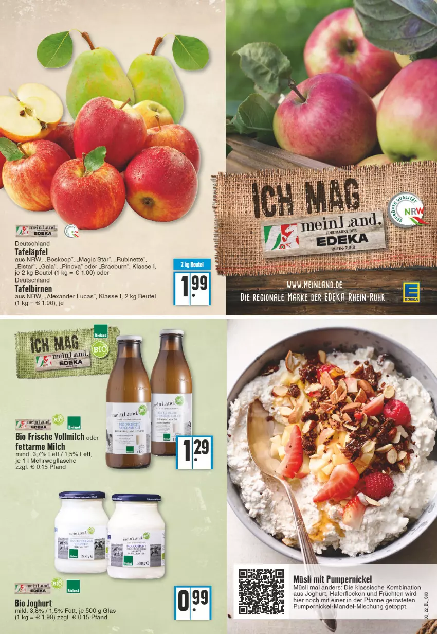 Aktueller Prospekt Edeka - Angebote der Woche - von 17.01 bis 22.01.2022 - strona 3 - produkty: alexa, beutel, bio, Birnen, deka, edeka bio, flasche, früchte, früchten, hafer, haferflocken, joghur, joghurt, joghurt mild, mandel, milch, müsli, pfanne, Pumpernickel, Rubin, rwe, tafeläpfel, tafelbirnen, Ti, vollmilch