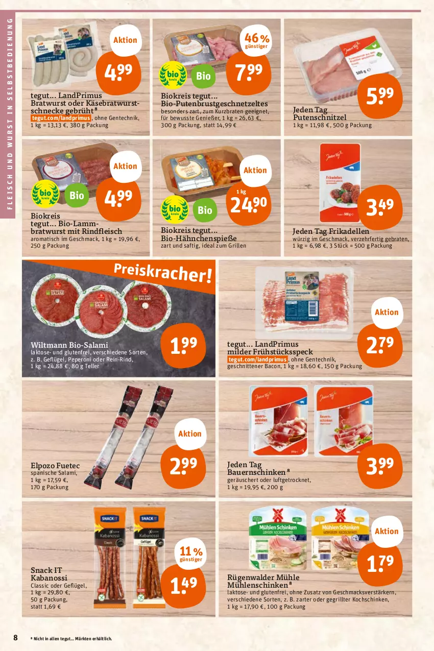 Aktueller Prospekt Tegut - Angebote der Woche - von 05.06 bis 10.06.2023 - strona 10 - produkty: auer, bacon, Bau, Bauer, Bauernschinken, bio, Bio-Salami, braten, bratwurst, dell, eis, elle, ente, fleisch, frikadellen, Frühstücksspeck, Geflügel, geschnetzeltes, grill, ideal zum grillen, kabanos, Käse, kochschinken, lamm, landprimus, mac, peperoni, Peroni, pute, putenbrust, putenschnitzel, reis, rind, rindfleisch, rügenwalder, rügenwalder mühle, saft, salami, schinken, schnitten, schnitzel, snack, Speck, teller, Ti, tisch, wiltmann, wurst, wurst in selbstbedienung, Zelt