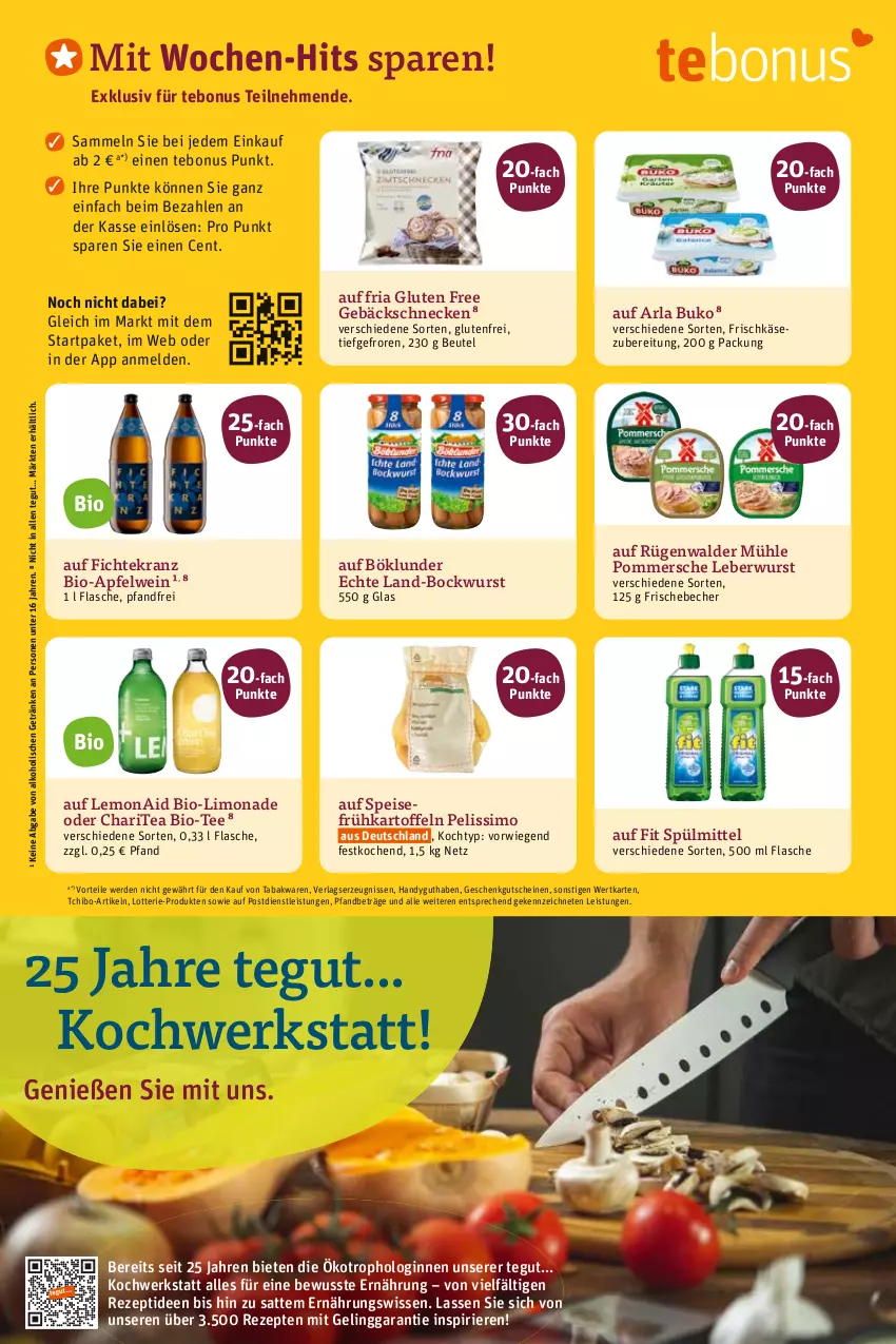 Aktueller Prospekt Tegut - Angebote der Woche - von 05.06 bis 10.06.2023 - strona 18 - produkty: alkohol, apfel, apfelwein, arla, arla buko, Becher, beutel, bio, bockwurst, böklunder, Buko, eis, erde, flasche, frischkäse, frischkäsezubereitung, Frühkartoffeln, getränk, getränke, gin, gsw, gutschein, gutscheine, Handy, kartoffel, kartoffeln, Käse, Kranz, leberwurst, limo, limonade, Pommersche, rezept, rezepte, Ria, rügenwalder, rügenwalder mühle, sim, speisefrühkartoffeln, spülmittel, Tchibo, tee, Ti, wein, wurst