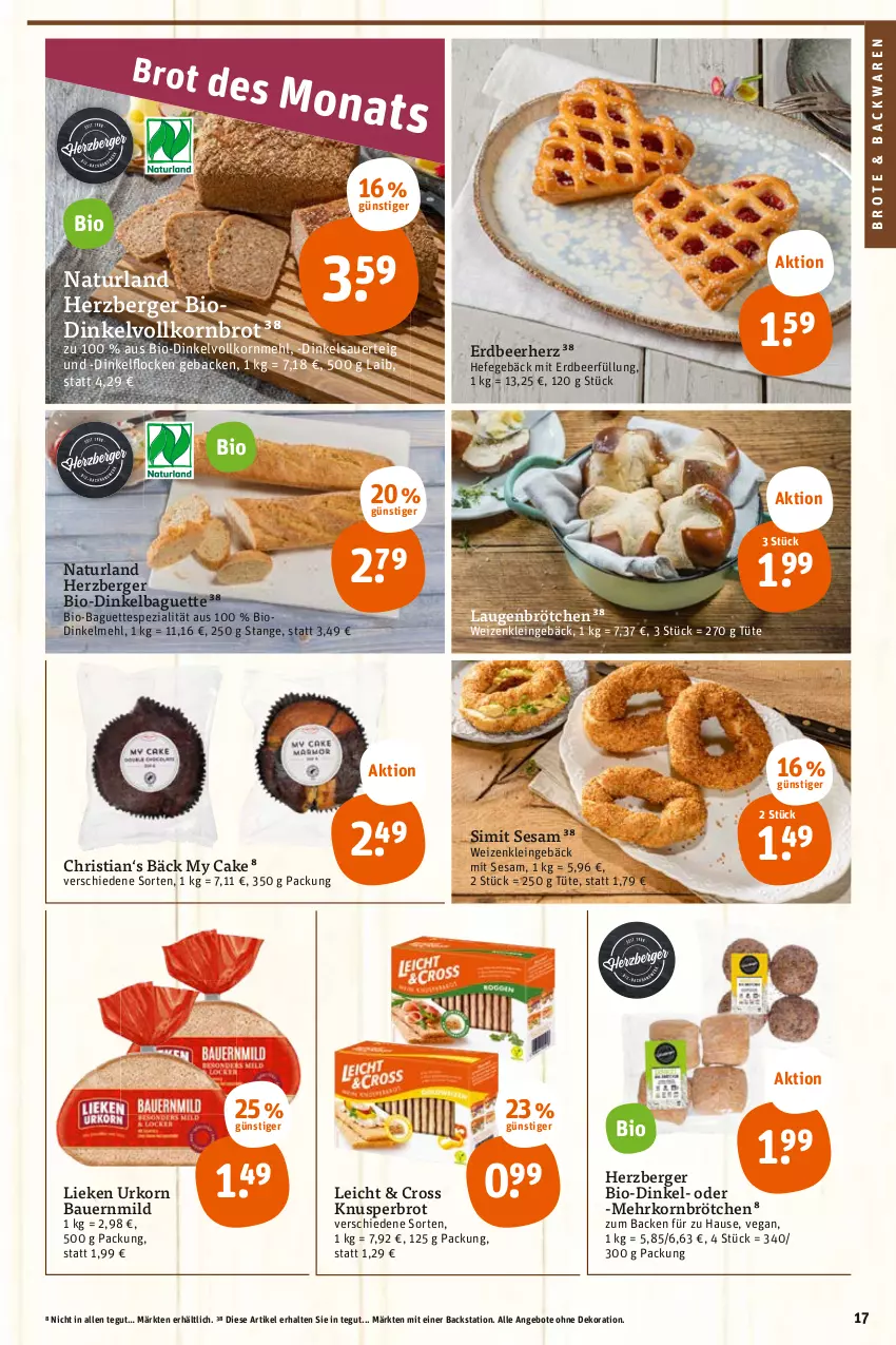 Aktueller Prospekt Tegut - Angebote der Woche - von 05.06 bis 10.06.2023 - strona 19 - produkty: angebot, angebote, auer, backwaren, baguette, baguettes, Bau, Bauer, Berger, bio, brot, brötchen, dekoration, dinkelmehl, Dinkelvollkornmehl, geback, Hefe, herzberger, korn, Kornbrot, lieken, mehl, mehrkornbrötchen, natur, naturland, sesam, sim, Spezi, Ti, Tüte, urkorn, vollkornbrot