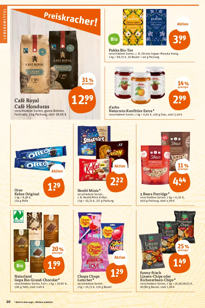 Aktueller Prospekt Tegut - Angebote der Woche - von 05.06 bis 10.06.2023 - strona 22 - produkty: beutel, bio, bohne, bohnen, café royal, chips, chupa, chupa chups, cola, erbsen, funny-frisch, gin, honig, ingwer, keks, kekse, kichererbsen, kitkat, konfitüre, konfitüre extra, lebensmittel, linsen, Lutscher, Manuka Honig, natur, naturland, nestlé, nuk, oreo, porridge, tee, Ti, zitrone