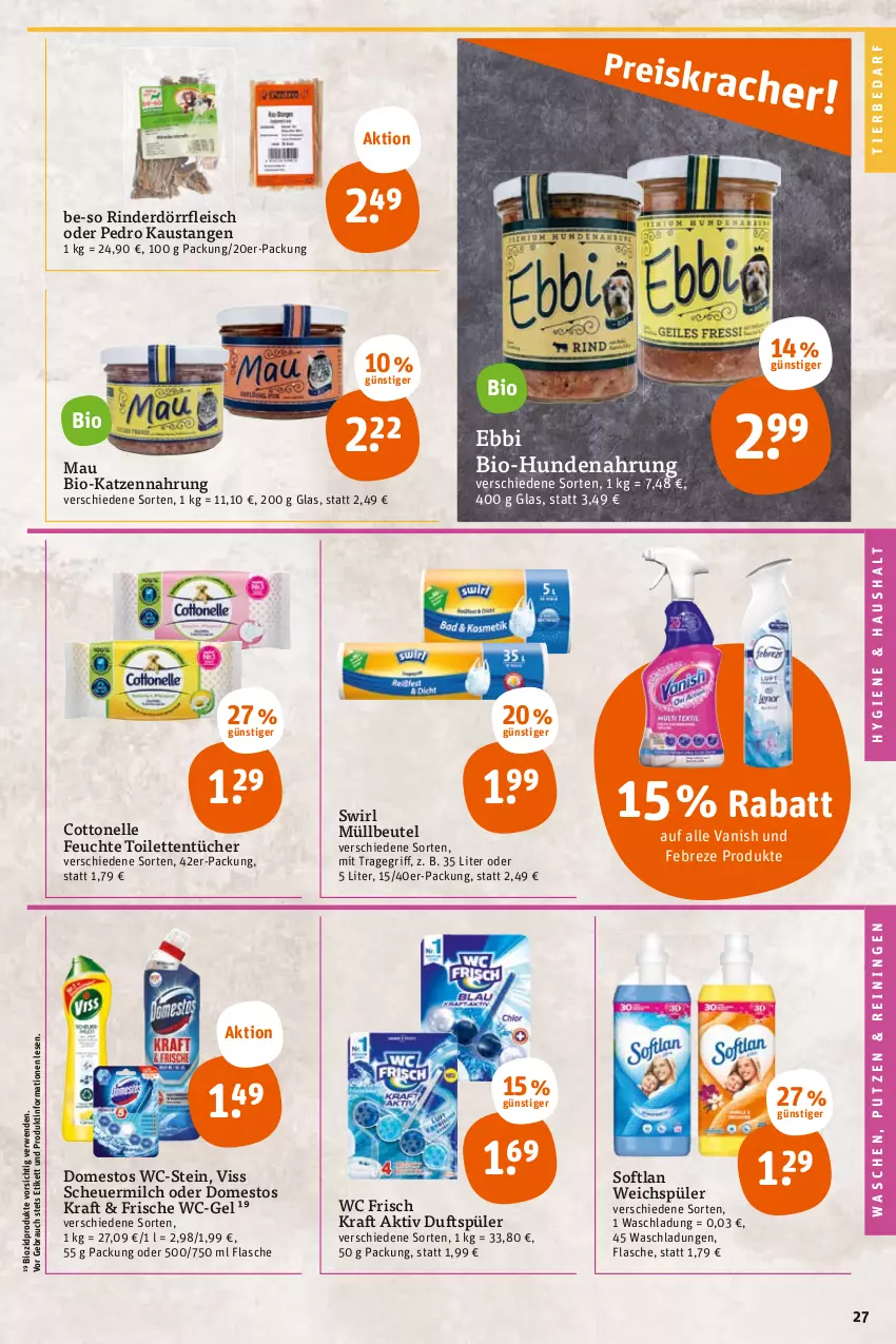 Aktueller Prospekt Tegut - Angebote der Woche - von 05.06 bis 10.06.2023 - strona 29 - produkty: aust, beutel, bio, biozidprodukte, cottonelle, domestos, eis, elle, febreze, flasche, fleisch, Heu, hundenahrung, katzennahrung, kraft, milch, müllbeutel, Rauch, rind, rinder, rwe, scheuermilch, Softlan, swirl, Ti, tierbedarf, toilettentücher, tücher, vanish, wc frisch, WC Frisch Kraft Aktiv, wc-gel, weichspüler