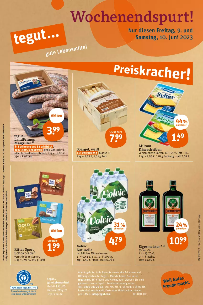 Aktueller Prospekt Tegut - Angebote der Woche - von 05.06 bis 10.06.2023 - strona 30 - produkty: alkohol, Alwa, angebot, angebote, auer, dekoration, drucker, eis, elle, Engel, ente, flasche, Fulda, Germ, getränk, getränke, grill, ideal für grill, jägermeister, Käse, käsescheiben, kerze, korb, landprimus, lebensmittel, Meister, milram, mineralwasser, natur, natürliches mineralwasser, pfanne, rel, rezept, rezepte, ritter, ritter sport, schoko, schokolade, spargel, Sport, Ti, uhr, volvic, wasser