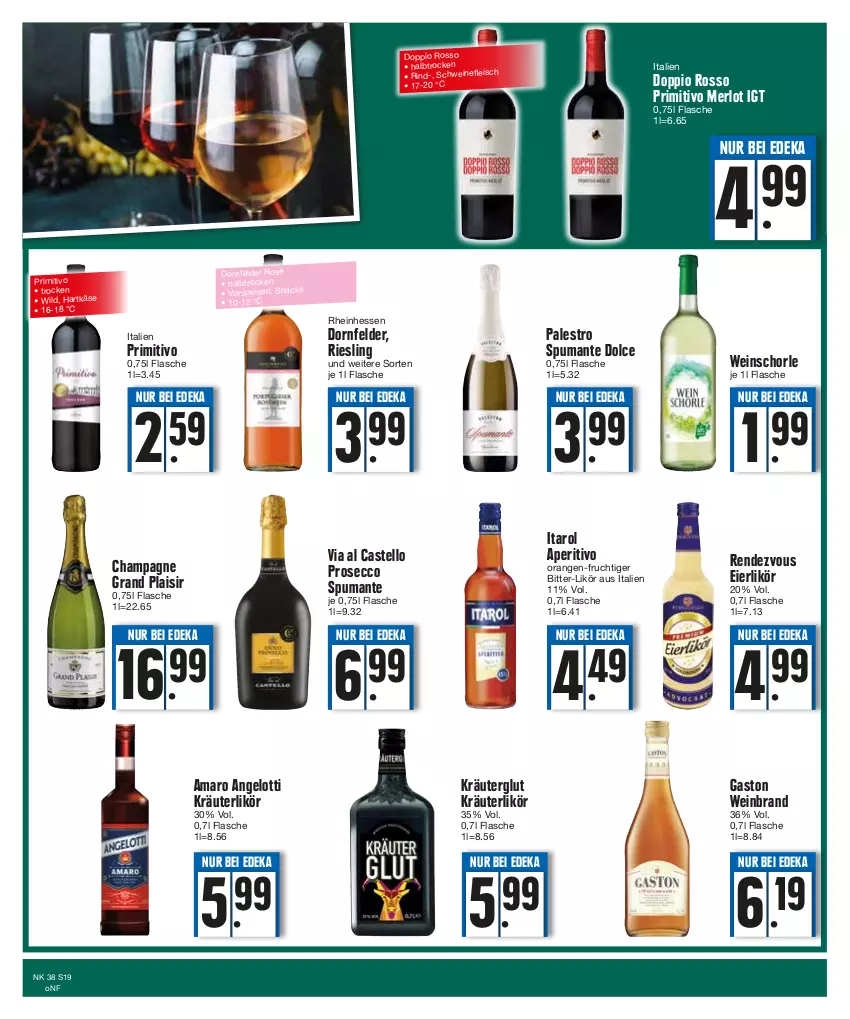 Aktueller Prospekt E Center - Angebote der Woche - von 18.09 bis 23.09.2023 - strona 19 - produkty: amaro, champagne, deka, dornfelder, ecco, eier, eierlikör, eis, flasche, frucht, hartkäse, Käse, kräuter, kräuterlikör, likör, merl, merlot, orange, orangen, primitivo, prosecco, puma, riesling, rind, schorle, schwein, schweine, snack, snacks, spumante, Ti, vorspeise, wein, weinbrand, weine, weinschorle, Wild