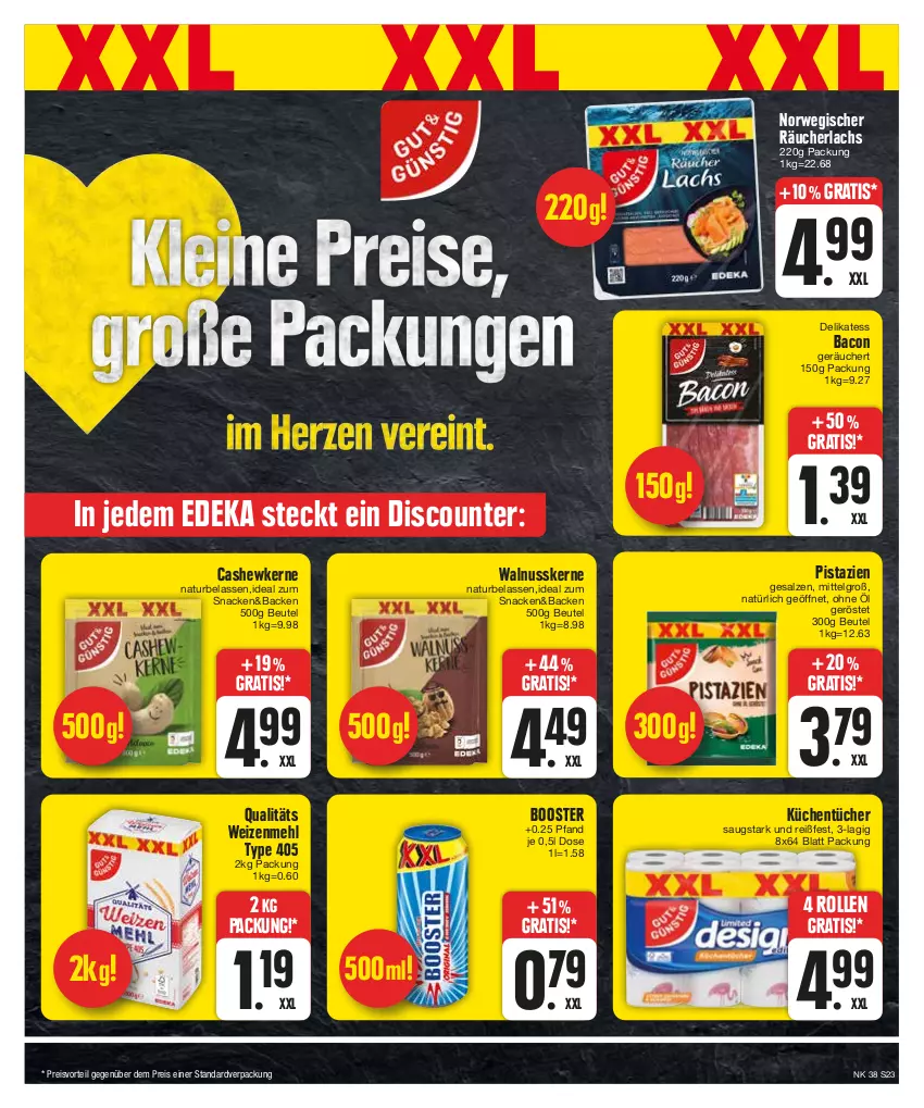 Aktueller Prospekt E Center - Angebote der Woche - von 18.09 bis 23.09.2023 - strona 23 - produkty: bacon, beutel, Cashew, cashewkerne, deka, discount, eis, küche, Küchen, küchentücher, lachs, LG, mehl, natur, nuss, pistazien, preisvorteil, Räucherlachs, reis, rwe, salz, snack, Ti, tücher, type 405, walnuss, walnusskerne, weizenmehl