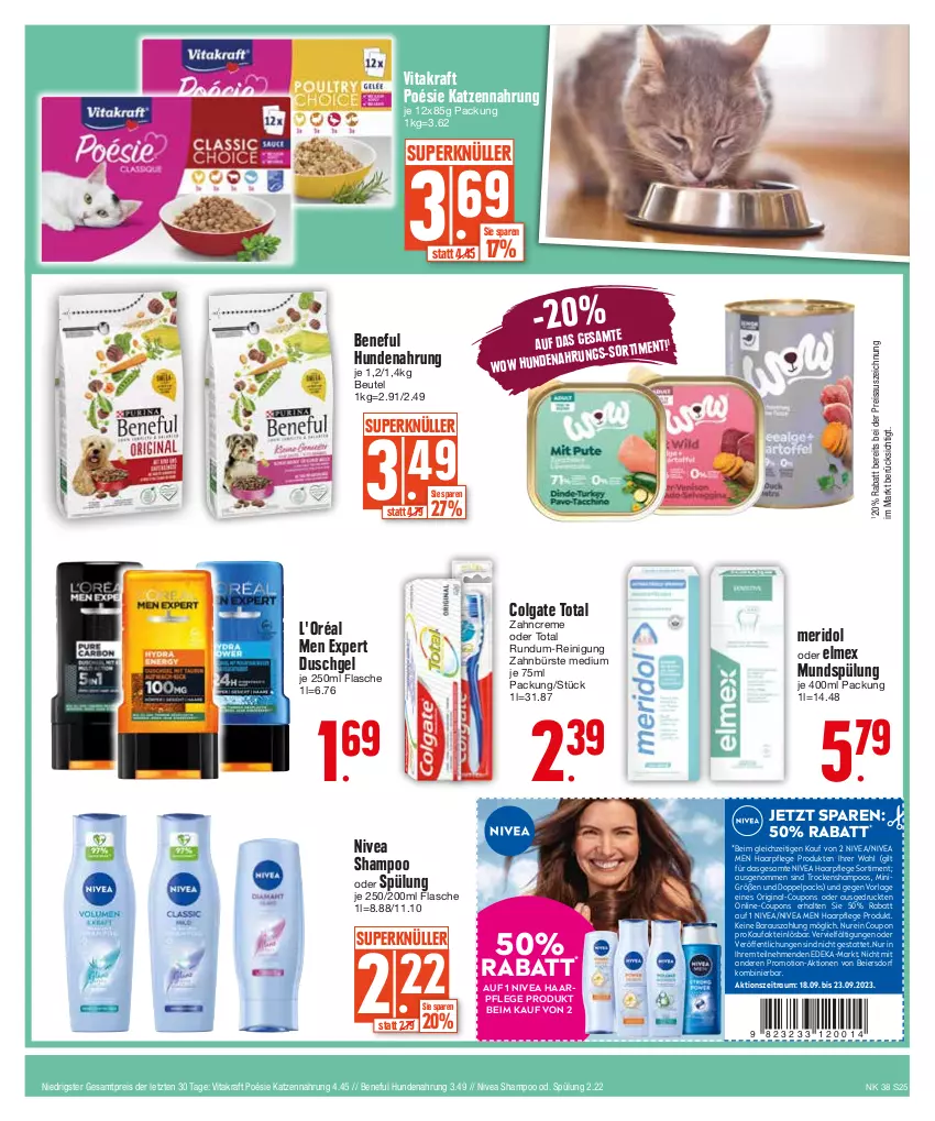 Aktueller Prospekt E Center - Angebote der Woche - von 18.09 bis 23.09.2023 - strona 25 - produkty: beutel, bürste, colgate, colgate total, coupon, coupons, creme, deka, duschgel, eier, eis, elmex, flasche, gin, haarpflege, hundenahrung, katzennahrung, kraft, LG, meridol, mundspülung, nivea, Nivea Men, Reinigung, reis, shampoo, shampoo oder spülung, spülung, Ti, Trockenshampoo, vita, vitakraft, zahnbürste, zahncreme, ZTE