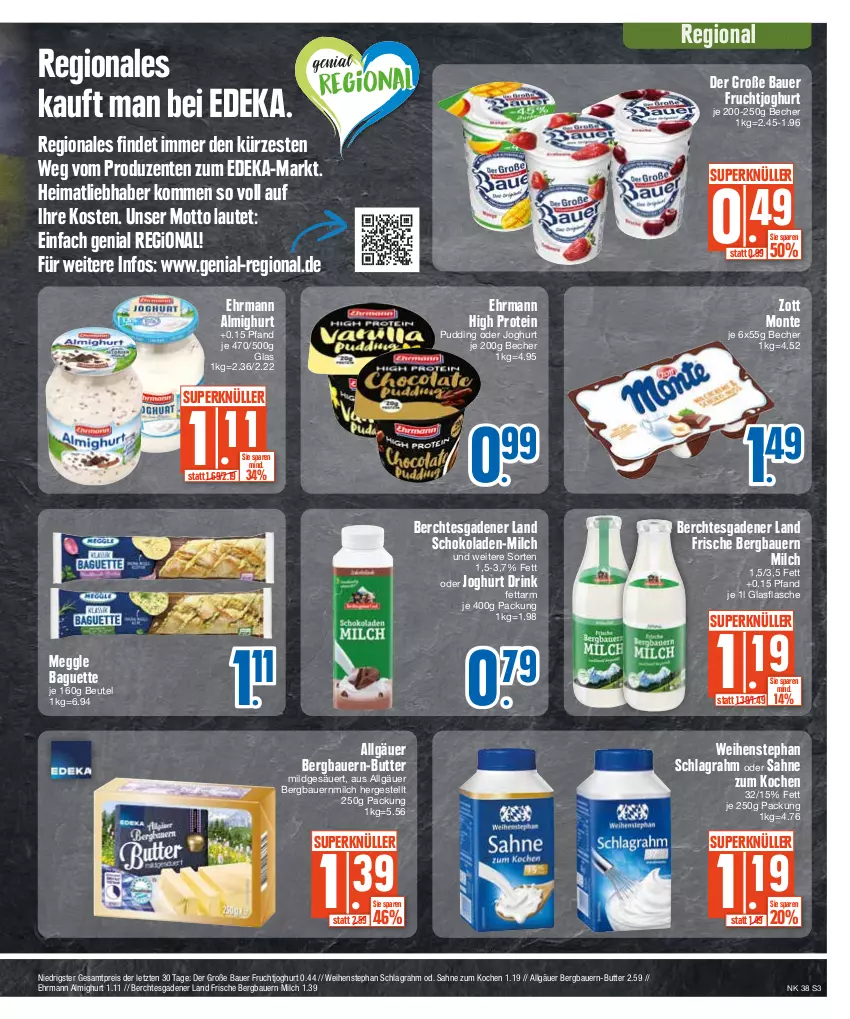 Aktueller Prospekt E Center - Angebote der Woche - von 18.09 bis 23.09.2023 - strona 3 - produkty: almighur, almighurt, auer, baguette, Bau, Bauer, Becher, beutel, butter, deka, drink, ehrmann, ehrmann almighurt, eis, ente, flasche, frucht, fruchtjoghurt, glasflasche, joghur, joghurt, LG, meggle, milch, monte, pudding, reis, sahne, schlagrahm, schoko, schokolade, schokoladen, weihenstephan, zott, Zott Monte, ZTE