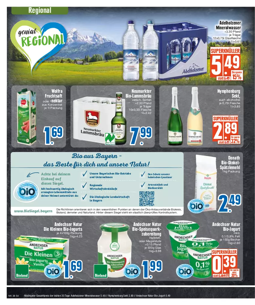 Aktueller Prospekt E Center - Angebote der Woche - von 18.09 bis 23.09.2023 - strona 4 - produkty: adelholzener, alkohol, Alwa, andechser natur, Bau, Becher, bio, bioland, eis, flasche, frucht, fruchtsaft, glasflasche, Holz, jogurt, lamm, lebensmittel, leine, mehl, mineralwasser, natur, naturland, Nektar, quark, reis, saft, sekt, Spätzlemehl, speisequark, Ti, Tiere, wasser, ZTE