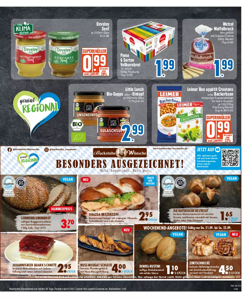 Aktueller Prospekt E Center - Angebote der Woche - von 18.09 bis 23.09.2023 - strona 5 - produkty: angebot, angebote, beere, beeren, beutel, bio, blume, blumen, brot, creme, croutons, develey, eier, eimer, eintopf, eis, erbsen, Hefe, johannisbeere, Johannisbeeren, kakao, korn, Kornbrot, leimer, leine, nuss, obazda, Plunder, quark, reis, saft, sahne, salz, schnittlauch, Semmel, senf, sesam, sonnenblume, sonnenblumen, Sonnenblumenbrot, Sonnenblumenkerne, sonnenblumenkernen, stube, suppe, suppen, Ti, topf, vollkornbrot, Waffelbruch, Weizensemmel, ZTE, zucker