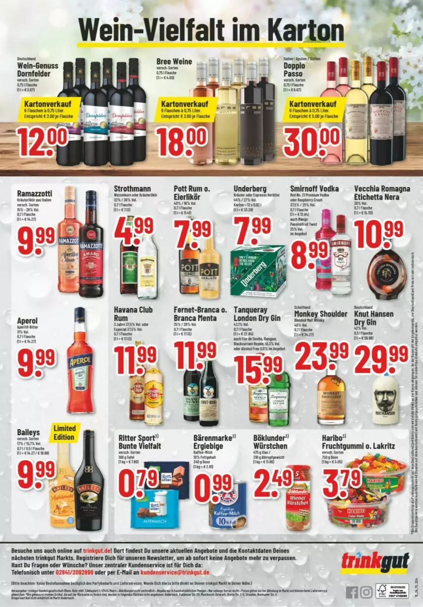 Aktueller Prospekt Trinkgut - Prospekte - von 19.03 bis 23.03.2024 - strona 10 - produkty: angebot, angebote, aperol, baileys, bärenmarke, böklunder, chia, dornfelder, dry gin, eier, eierlikör, elle, Feigen, Fernet, flasche, gin, haribo, Havana Club, Lakritz, likör, london dry, london dry gin, nuss, passo, rama, ramazzott, ramazzotti, ritter, ritter sport, rum, smirnoff, Sport, Tanqueray, tee, telefon, Ti, Tiere, underberg, Vecchia Romagna, vodka, wein, würstchen, zott