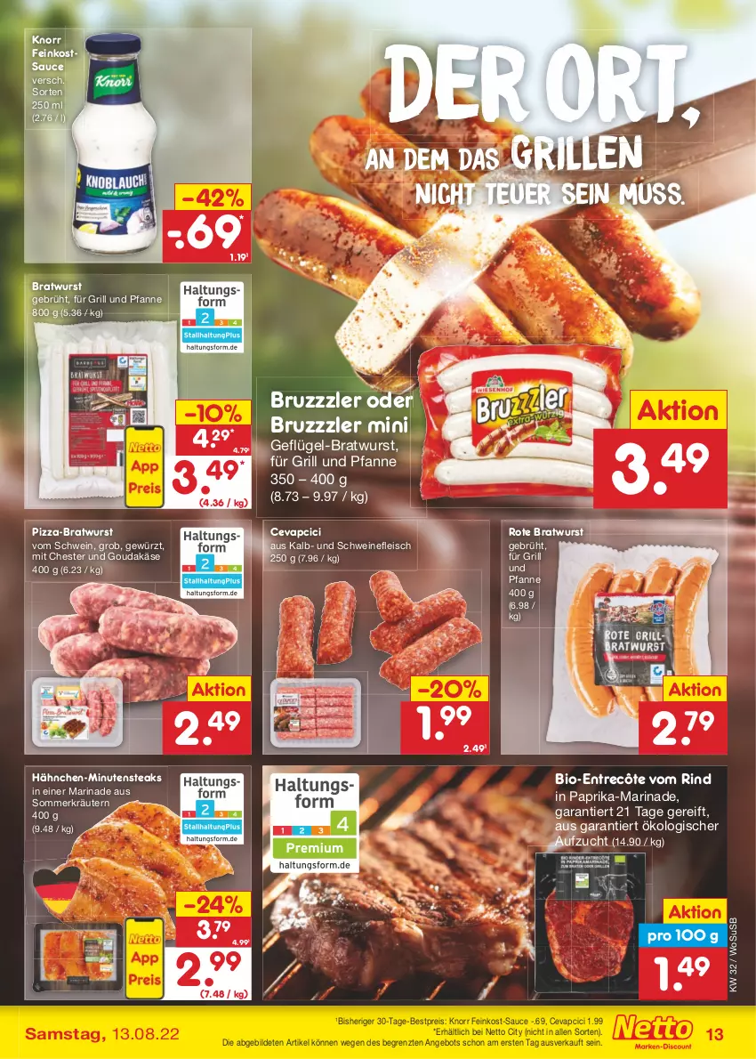 Aktueller Prospekt Netto Marken-Discount - Filial-Angebote - von 08.08 bis 13.08.2022 - strona 13 - produkty: angebot, bestpreis, bio, bratwurst, bruzzzler, cevapcici, eis, entrecôte, feinkost, fleisch, für grill und pfanne, Geflügel, gewürz, gouda, grill, grill und pfanne, Käse, knorr, kräuter, kräutern, marinade, minutensteaks, paprika, pfanne, pizza, reis, rind, sauce, schwein, schweine, schweinefleisch, steak, steaks, Ti, und pfanne, usb, wein, weine, wurst, ZTE