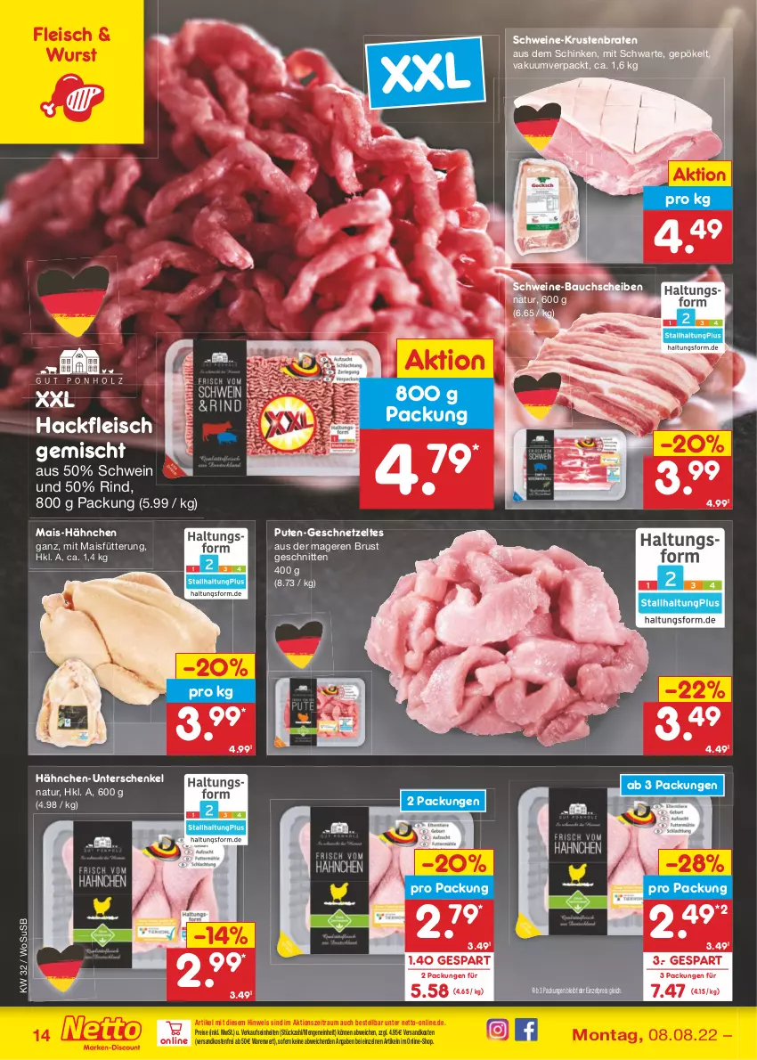 Aktueller Prospekt Netto Marken-Discount - Filial-Angebote - von 08.08 bis 13.08.2022 - strona 14 - produkty: Bau, bauchscheiben, braten, eis, fleisch, geschnetzeltes, hackfleisch, hackfleisch gemischt, henkel, krustenbraten, mais, natur, ndk, pute, reis, rind, schenkel, schinken, schnitten, schwein, schweine, schweine-bauch, schweine-bauchscheiben, Ti, usb, versandkostenfrei, wein, weine, wurst, Zelt