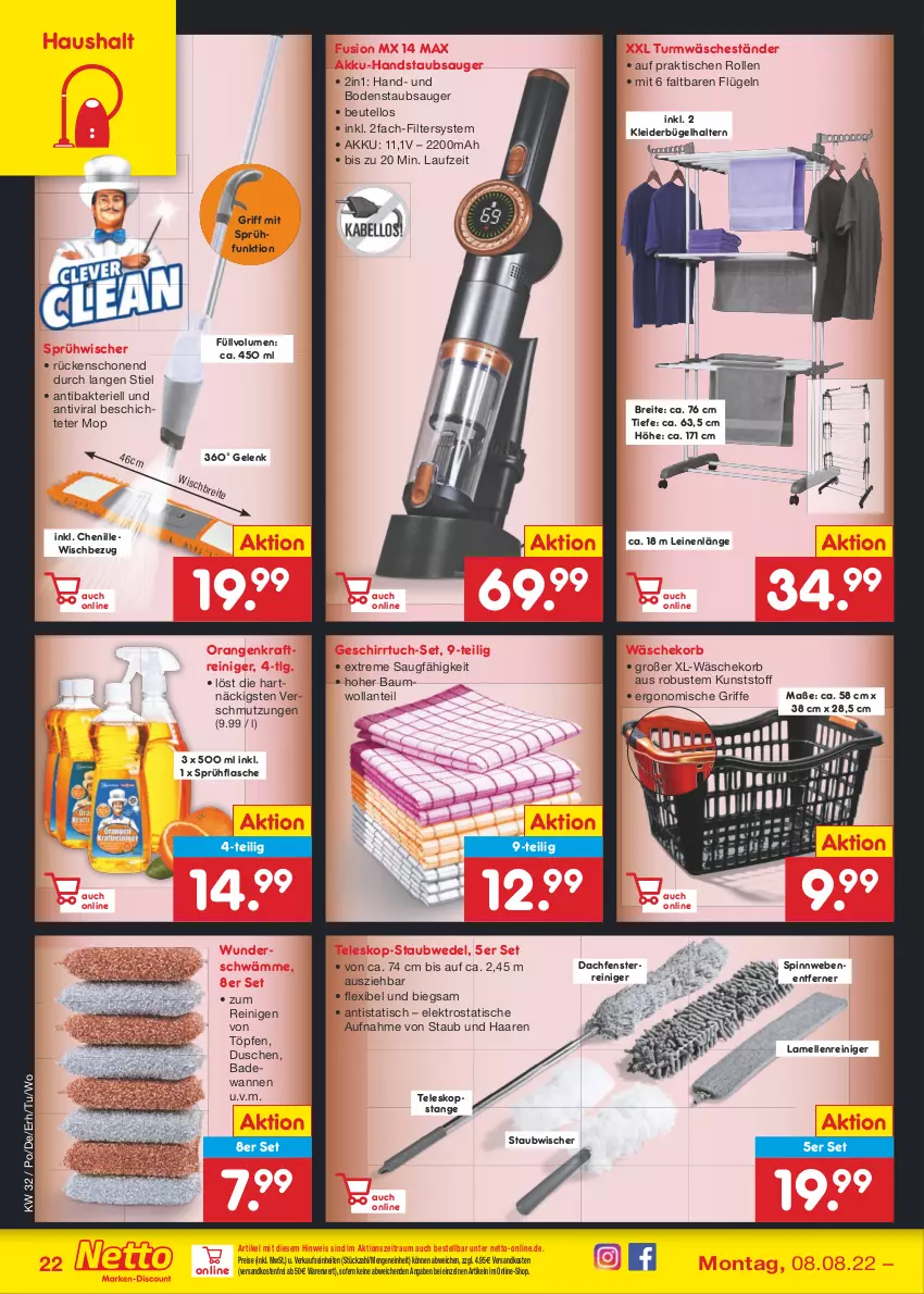 Aktueller Prospekt Netto Marken-Discount - Filial-Angebote - von 08.08 bis 13.08.2022 - strona 22 - produkty: akku, akku-handstaubsauger, Bad, Badewanne, Bau, beutel, bodenstaubsauger, Brei, bügel, dusche, eis, Elektro, elle, fenster, flasche, geschirr, geschirrtuch, handstaubsauger, kleid, kleider, kleiderbügel, korb, kraft, leine, LG, ndk, orange, orangen, reiniger, reis, sprühflasche, staubsauger, staubwedel, Teleskop, Ti, tisch, tuc, versandkostenfrei, Wanne, wäschekorb, wedel