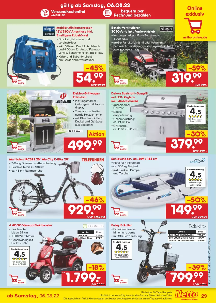 Aktueller Prospekt Netto Marken-Discount - Filial-Angebote - von 08.08 bis 13.08.2022 - strona 29 - produkty: abdeckhaube, akku, angebot, auto, bestpreis, Brei, decke, Deckel, E-Bike, E-Roller, edelstahl, eis, Elektro, Elektroroller, ente, Fahrrad, gasgrill, grill, grillfläche, grillrost, Kette, kompressor, korb, ndk, reis, Roller, Schal, schlauch, shimano, Tasche, Ti, Tiere, versandkostenfrei, ZTE