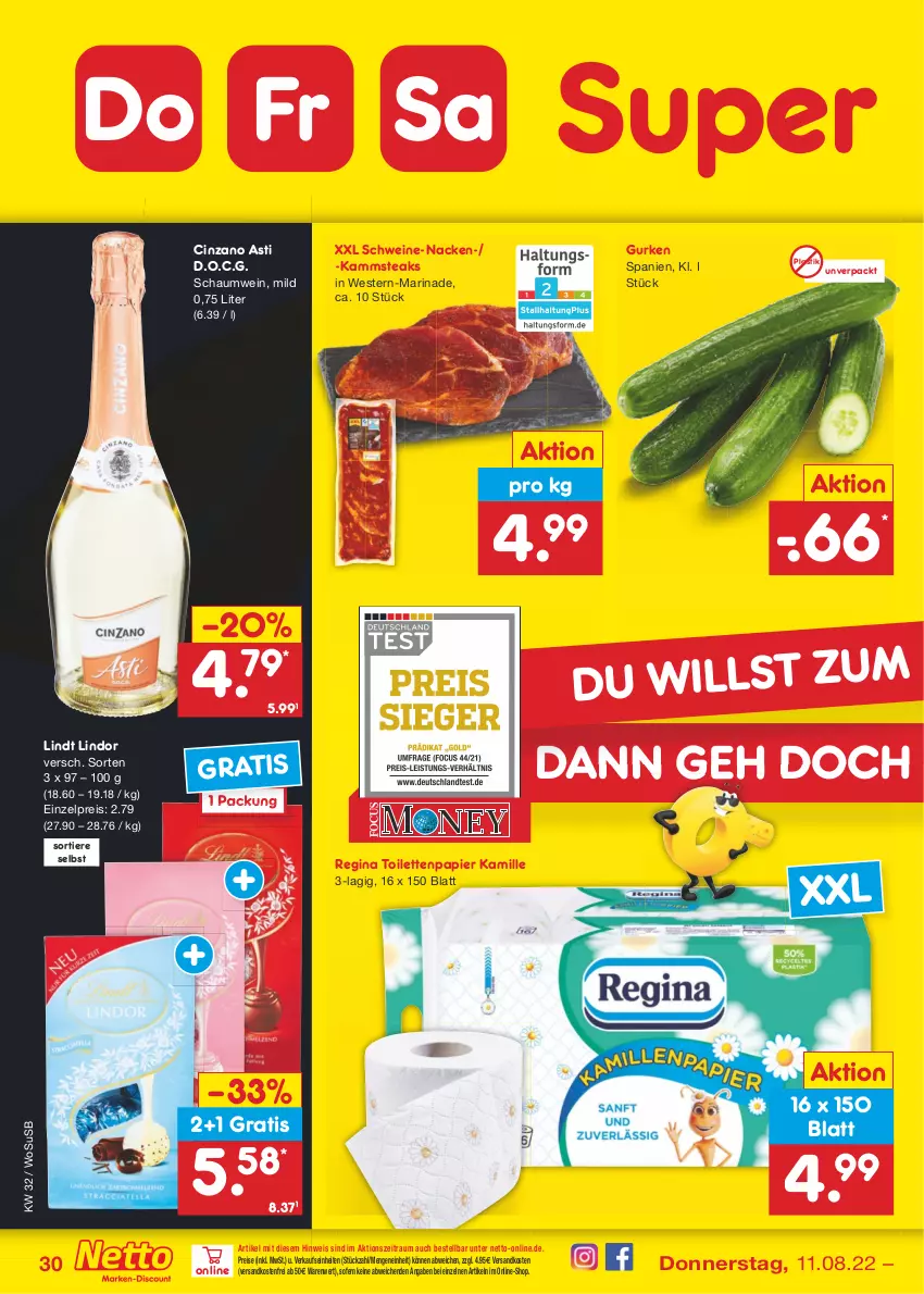 Aktueller Prospekt Netto Marken-Discount - Filial-Angebote - von 08.08 bis 13.08.2022 - strona 30 - produkty: asti, cin, cinzano, Cinzano Asti, eis, gin, gurke, gurken, Kamill, kamille, lindor, lindt, marinade, ndk, papier, reis, schwein, schweine, steak, steaks, Ti, Tiere, toilettenpapier, usb, versandkostenfrei, wein, weine, Weste