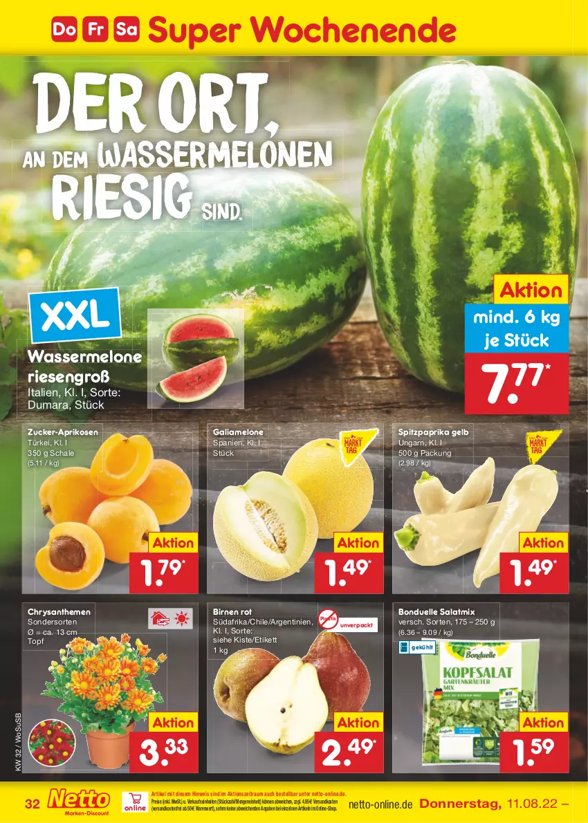 Aktueller Prospekt Netto Marken-Discount - Filial-Angebote - von 08.08 bis 13.08.2022 - strona 32 - produkty: aprikose, aprikosen, asti, Birnen, bonduelle, chrysanthemen, eis, elle, galiamelone, melone, melonen, ndk, paprika, reis, salat, Salatmix, Schal, Schale, Spitzpaprika, Ti, topf, usb, versandkostenfrei, wasser, wassermelone, wassermelonen, zucker