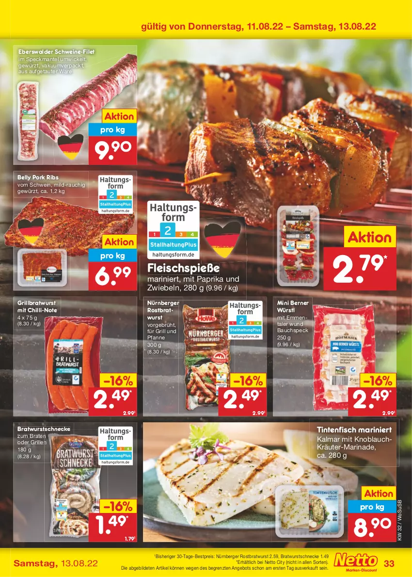 Aktueller Prospekt Netto Marken-Discount - Filial-Angebote - von 08.08 bis 13.08.2022 - strona 33 - produkty: angebot, Bau, Berger, bestpreis, braten, bratwurst, eis, emmentaler, filet, fisch, fleisch, Fleischspieße, für grill und pfanne, gewürz, grill, grill und pfanne, grillbratwurst, knoblauch, kräuter, Mantel, marinade, mit knoblauch, mit paprika, nürnberger, paprika, pfanne, Rauch, reis, rostbratwurst, schwein, schweine, schweine-filet, Speck, Ti, und pfanne, usb, wein, weine, WICK, wurst, ZTE, zwiebel, zwiebeln