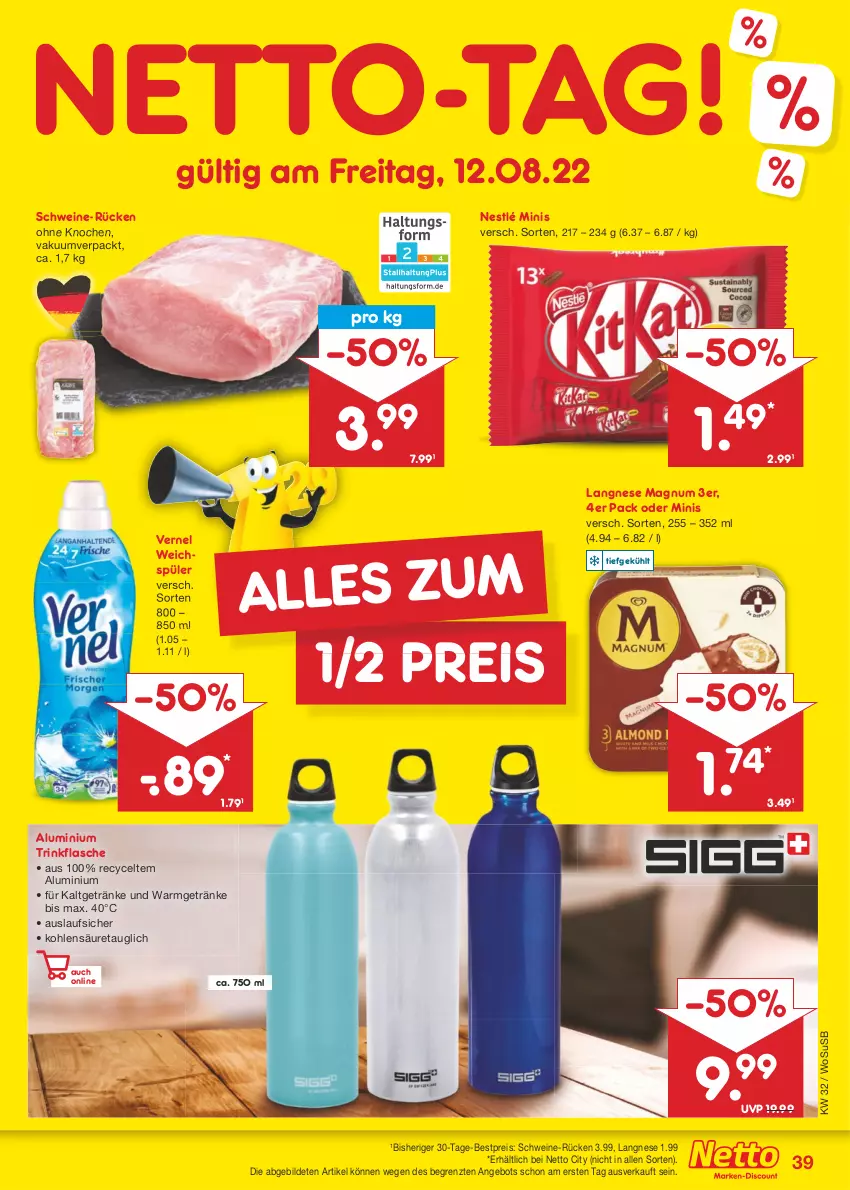 Aktueller Prospekt Netto Marken-Discount - Filial-Angebote - von 08.08 bis 13.08.2022 - strona 39 - produkty: angebot, bestpreis, eis, flasche, getränk, getränke, langnese, magnum, nestlé, reis, schwein, schweine, Ti, trinkflasche, usb, vernel, weichspüler, wein, weine, ZTE