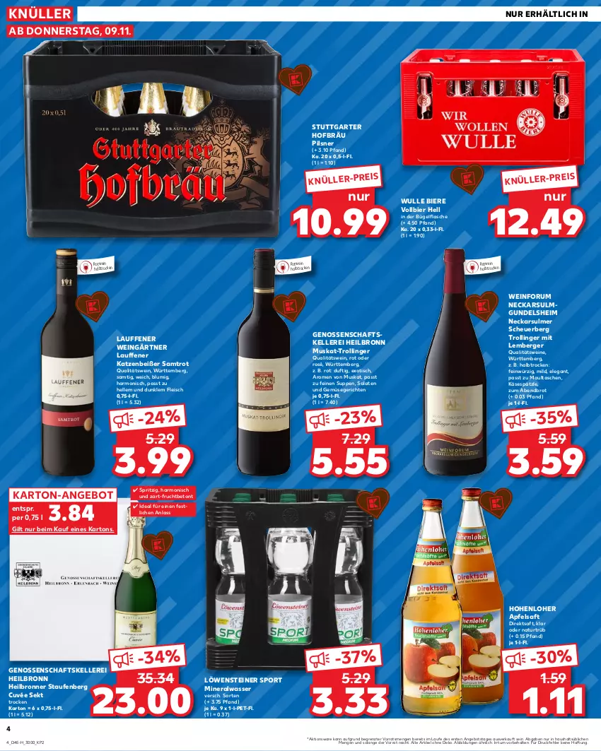 Aktueller Prospekt Kaufland - Extra-Angebote - von 09.11 bis 15.11.2023 - strona 4 - produkty: Alwa, angebot, apfel, apfelsaft, Berger, bier, Biere, Bronner, brot, bügel, bügelflasche, cuvée, direktsaft, eis, elle, flasche, fleisch, frucht, Heu, Käse, maultaschen, mineralwasser, natur, pils, pilsner, qualitätswein, qualitätsweine, rotwein, rum, saft, salat, salate, sekt, Sport, steiner, suppe, suppen, Tasche, taschen, Ti, tisch, trolli, trollinger, und gemüse, wasser, wein, weine, ZTE