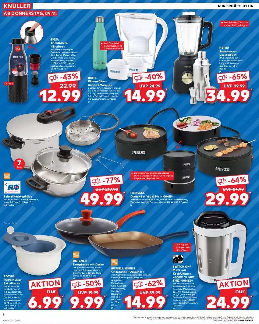 Aktueller Prospekt Kaufland - Extra-Angebote - von 09.11 bis 15.11.2023 - strona 6 - produkty: angebot, angebote, Behälter, bratpfanne, brita, cocktail, cocktails, Cocktailshaker, decke, Deckel, edelstahl, eis, Elan, Elektro, elle, emsa, filterkartuschen, flasche, grill, Grillpfanne, grillplatte, herdarten, isolierflasche, Kochtopf, latte, leine, messer, Mixer, pfanne, rel, rezept, Rührschüssel, russell hobbs, Schnellkochtopf, schüssel, shake, smoothie, smoothies, Spritzschutz, spülmaschinen, standmixer, suppe, suppen, teller, Ti, topf, topf-set, trinkflasche, Vegeta, wasser, wasserfilter, Yo, ZTE