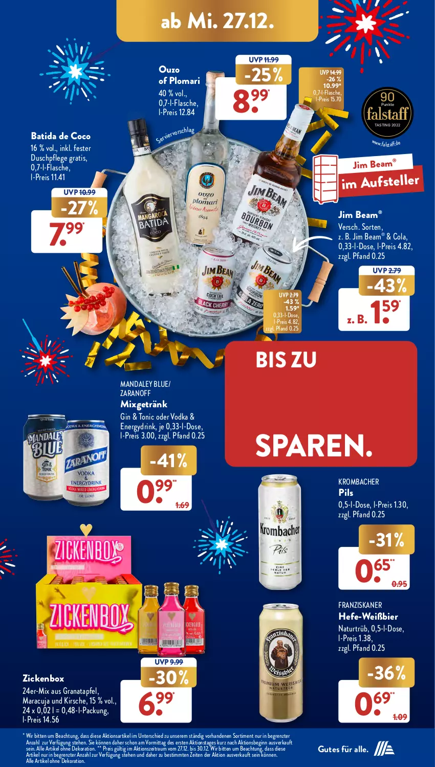 Aktueller Prospekt AldiSud - NÄCHSTE WOCHE - von 27.12 bis 30.12.2023 - strona 19 - produkty: alle artikel ohne dekoration, apfel, asti, batida, bier, cola, dekoration, drink, eis, elle, flasche, franziskaner, getränk, gin, grana, granatapfel, Hefe, HP, jim beam, kirsch, kirsche, krombache, krombacher, krombacher pils, maracuja, Mixgetränk, natur, ouzo, pils, Rana, reis, teller, Ti, tonic, vodka, ZTE