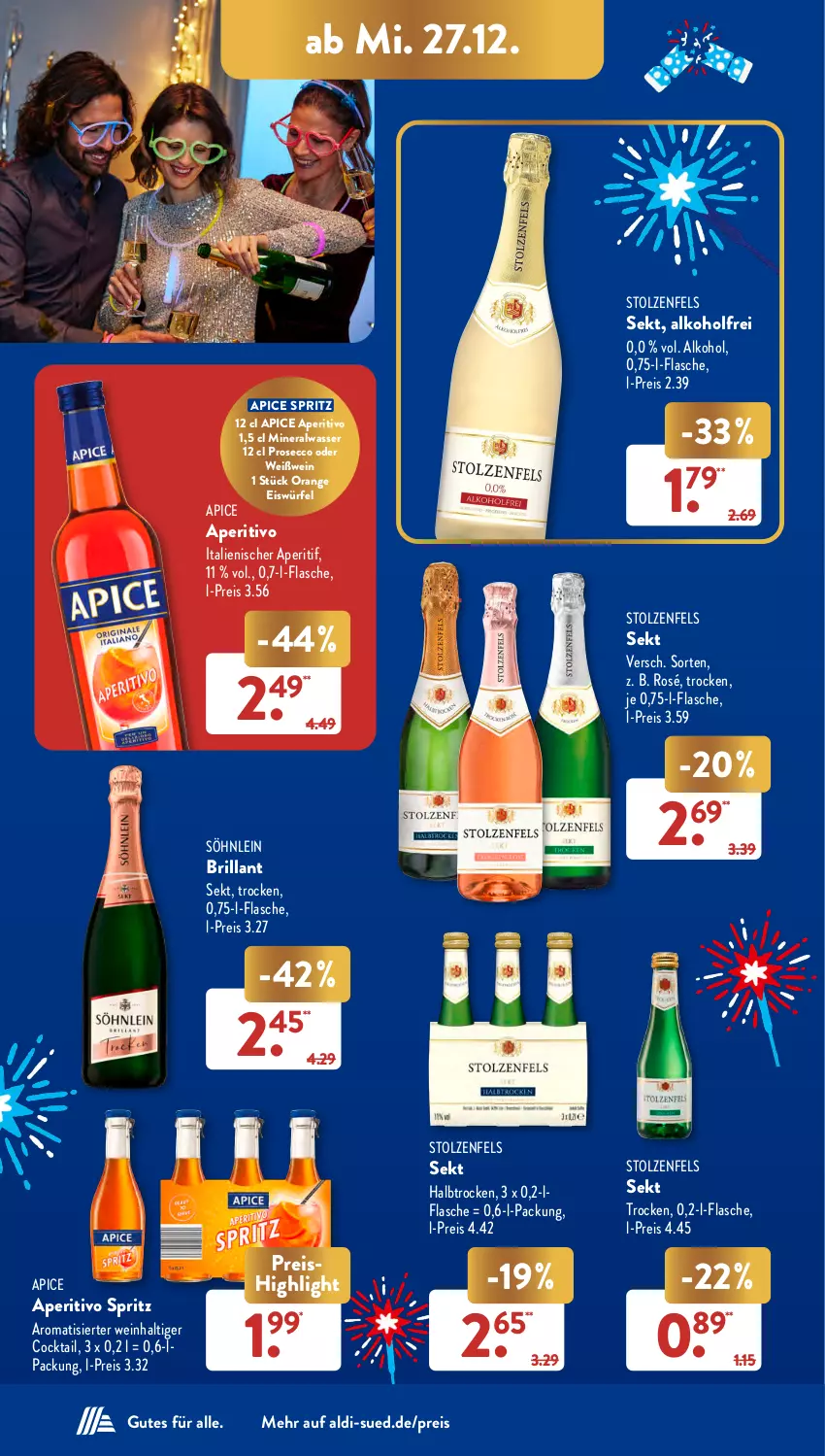 Aktueller Prospekt AldiSud - NÄCHSTE WOCHE - von 27.12 bis 30.12.2023 - strona 20 - produkty: aldi, alkohol, Alwa, aperitif, cocktail, ecco, eis, eiswürfel, flasche, mineralwasser, orange, prosecco, reis, sekt, söhnlein, söhnlein brillant, Ti, wasser, wein, Weißwein, würfel