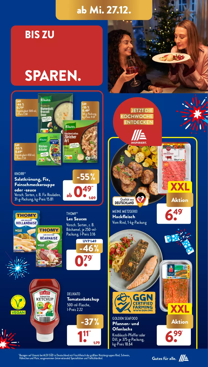 Aktueller Prospekt AldiSud - NÄCHSTE WOCHE - von 27.12 bis 30.12.2023 - strona 9 - produkty: aldi, decke, eis, feinschmecker, flasche, fleisch, hackfleisch, ketchup, knoblauch, knorr, lachs, Ofen, pfanne, pfannen, pfeffer, pute, reis, rind, rouladen, salat, salatkrönung, sauce, schwein, Spezi, suppe, thomy, Ti, tomate, tomaten, tomatenketchup, wein