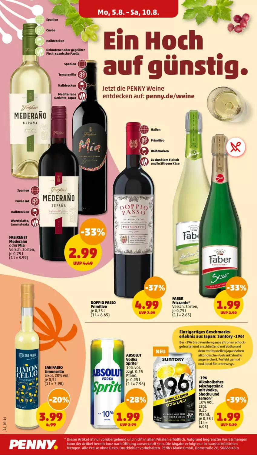 Aktueller Prospekt Penny - Prospekte - von 05.08 bis 10.08.2024 - strona 20 - produkty: alkohol, bio, braten, decke, doppio passo, eis, elle, erde, fisch, fleisch, freixenet, frizzante, getränk, grill, Käse, likör, limo, mac, paella, passo, primitivo, rwe, sprite, Ti, vodka, wein, weine, zitrone, zitronen