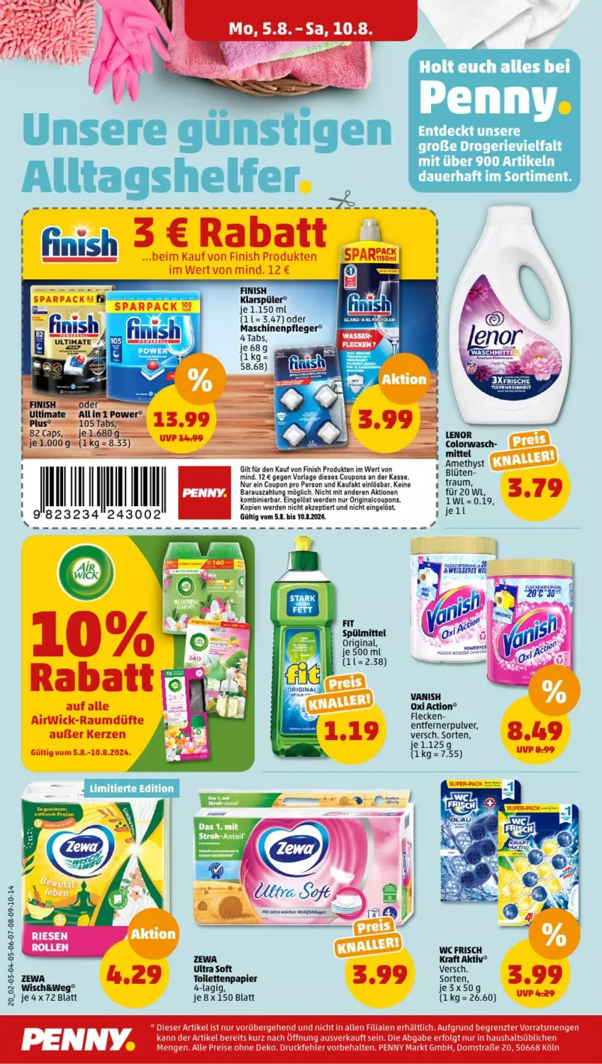 Aktueller Prospekt Penny - Prospekte - von 05.08 bis 10.08.2024 - strona 22 - produkty: airwick, auer, Blüte, Cap, coupon, coupons, eis, erde, Finish, gin, kerze, klarspüler, lenor, LG, Maschinenpfleger, papier, reis, spülmittel, Ti, wc frisch, WICK, zewa, ZTE