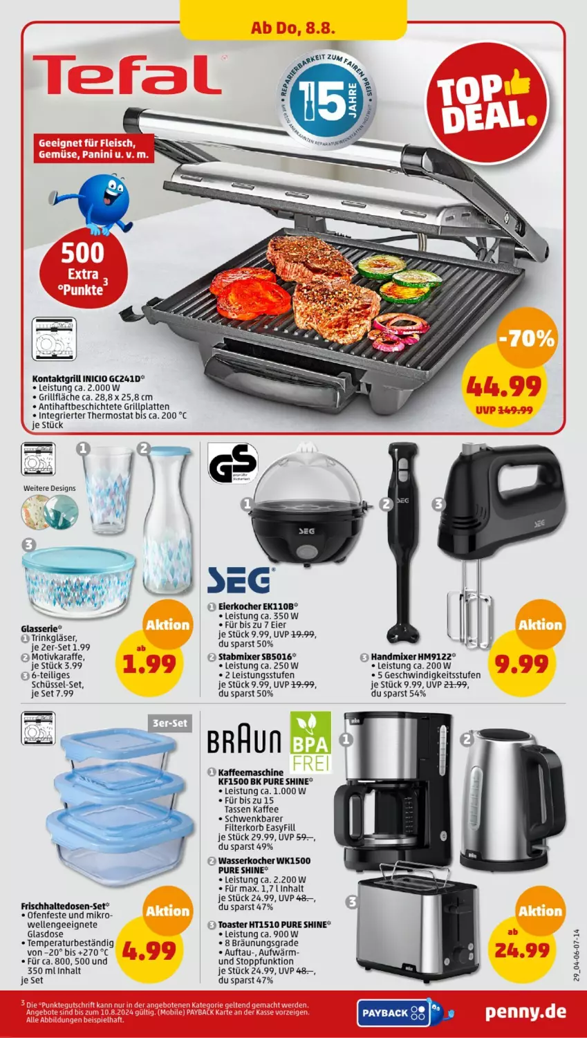 Aktueller Prospekt Penny - Prospekte - von 05.08 bis 10.08.2024 - strona 29 - produkty: eier, Eierkocher, eis, elle, frischhaltedosen, grill, grillfläche, grillplatte, handmixer, kaffee, kaffeemaschine, Karaffe, Kocher, kontaktgrill, korb, latte, Mixer, Ofen, payback, schüssel, stabmixer, tasse, thermostat, Ti, toast, toaster, wasser, wasserkocher