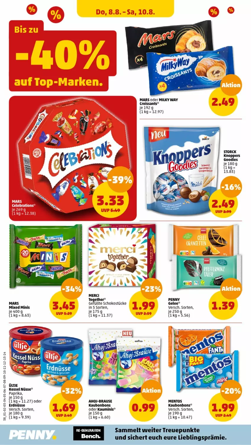 Aktueller Prospekt Penny - Prospekte - von 05.08 bis 10.08.2024 - strona 38 - produkty: ahoj-brause, bonbons, brause, Croissant, croissants, erdnüsse, gelee, K2, mars, mentos, merci, milky way, paprika, schoko