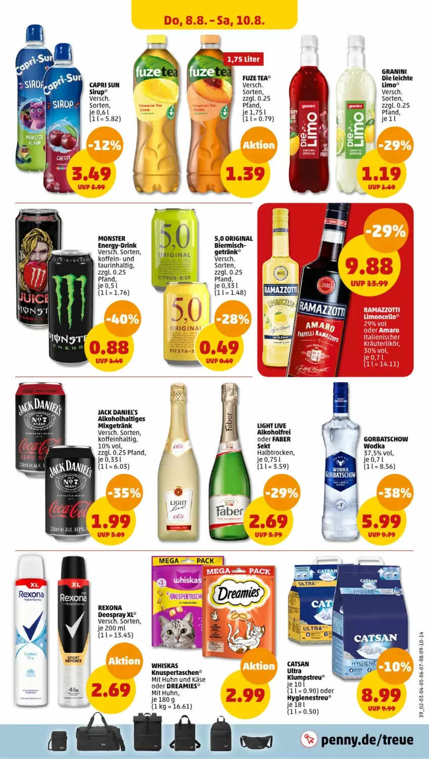 Aktueller Prospekt Penny - Prospekte - von 05.08 bis 10.08.2024 - strona 39 - produkty: alkohol, bier, Cap, catsan, dreamies, drink, elle, fuze tea, getränk, gin, Gorbatschow, gorbatschow wodka, granini, jack daniel, jack daniel's, Käse, klumpstreu, limo, Mixgetränk, monster, Monster Energy, rexona, sekt, sirup, Tasche, taschen, Ti, whiskas, wodka