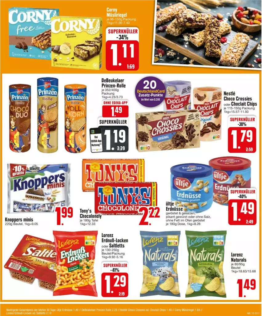 Aktueller Prospekt Edeka - Prospekte - von 08.04 bis 13.04.2024 - strona 11 - produkty: beutel, chips, choclait chips, crossies, debeukelaer, deutschlandcard, erdnüsse, gewürz, knoppers, lorenz, Ofen, saltletts, salz, Ti