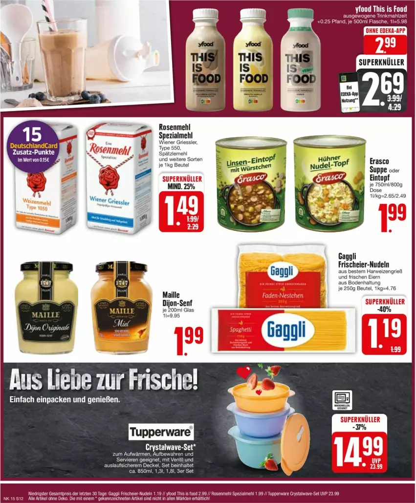 Aktueller Prospekt Edeka - Prospekte - von 08.04 bis 13.04.2024 - strona 12 - produkty: Berger, beutel, dijon-senf, eier, eintopf, erasco, flasche, gaggli, maille, mehl, nudel, nudeln, rosen, Rosenmehl, rwe, senf, Spätzlemehl, Spezi, suppe, Ti, topf