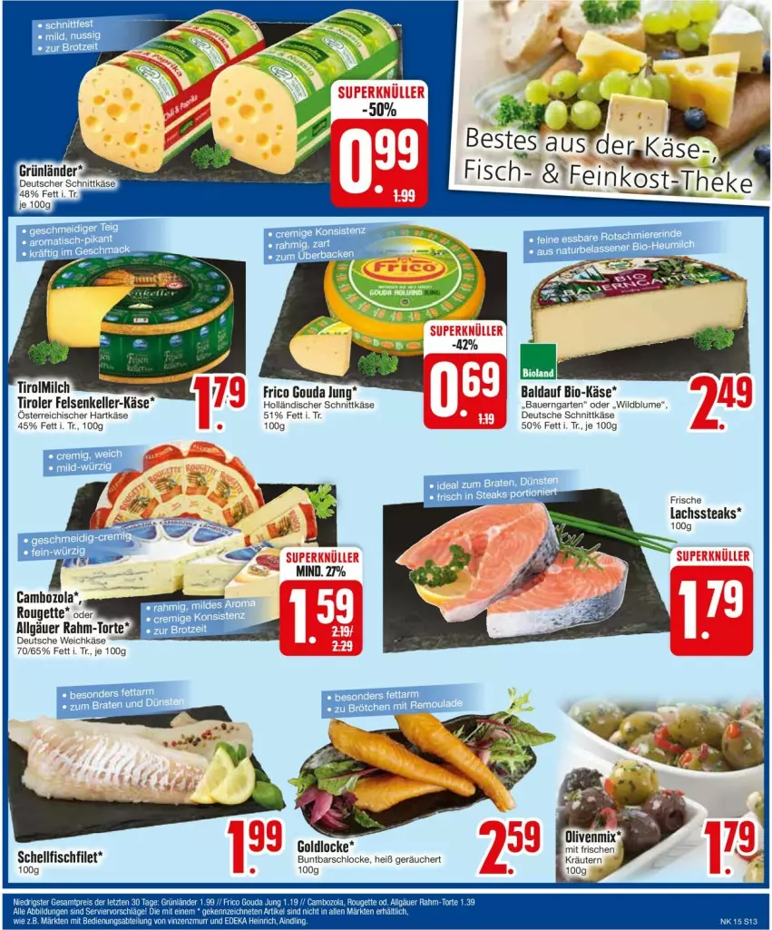 Aktueller Prospekt Edeka - Prospekte - von 08.04 bis 13.04.2024 - strona 13 - produkty: auer, Bau, Bauer, bio, Bio-Käse, blume, elle, filet, fisch, frico, Garten, gouda, gouda jung, grünländer, hartkäse, holländischer schnittkäse, Käse, lachs, mac, milch, nuss, schnittkäse, steak, steaks, Ti, weichkäse, Wild