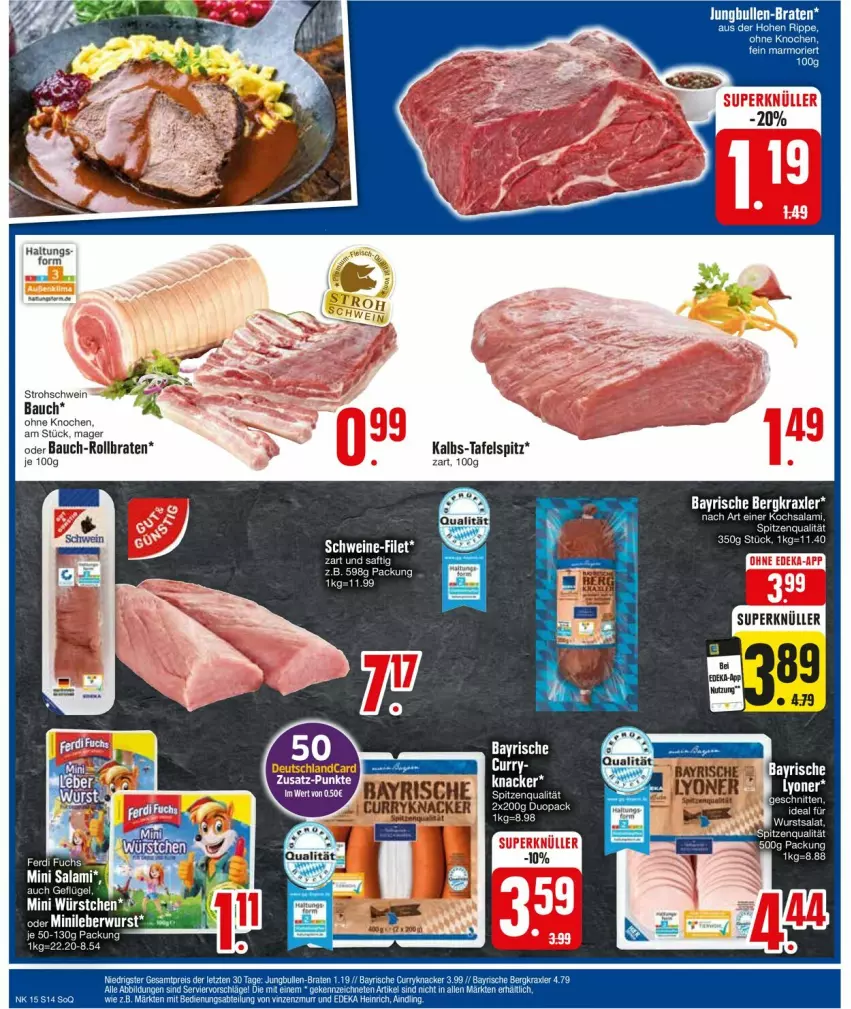 Aktueller Prospekt Edeka - Prospekte - von 08.04 bis 13.04.2024 - strona 14 - produkty: Bau, braten, curry, eier, filet, Geflügel, knacker, nexa, rollbraten, salami, schwein, schweine, schweine-filet, spitzenqualität, wein, weine