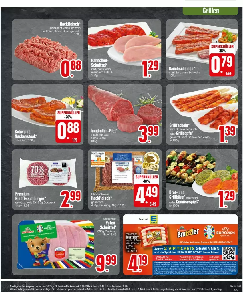 Aktueller Prospekt Edeka - Prospekte - von 08.04 bis 13.04.2024 - strona 17 - produkty: Abtei, Bau, bauchscheiben, bruzzzler, deka, eis, fleisch, grill, grillfackeln, hackfleisch, Nackensteak, reis, rind, schnitzel, schwein, schweine, Schweinebauch, steak, Ti, wein, weine, wiesenhof, ZTE