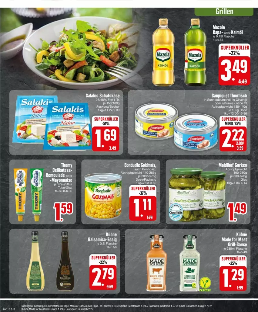 Aktueller Prospekt Edeka - Prospekte - von 08.04 bis 13.04.2024 - strona 18 - produkty: balsam, balsamico, bonduelle, bonduelle goldmais, eier, eis, elle, essig, fisch, Goldmais, Käse, keimöl, Kühne, mais, mazola, reis, remoulade, salakis, sauce, saupiquet, schafskäse, thunfisch, ZTE