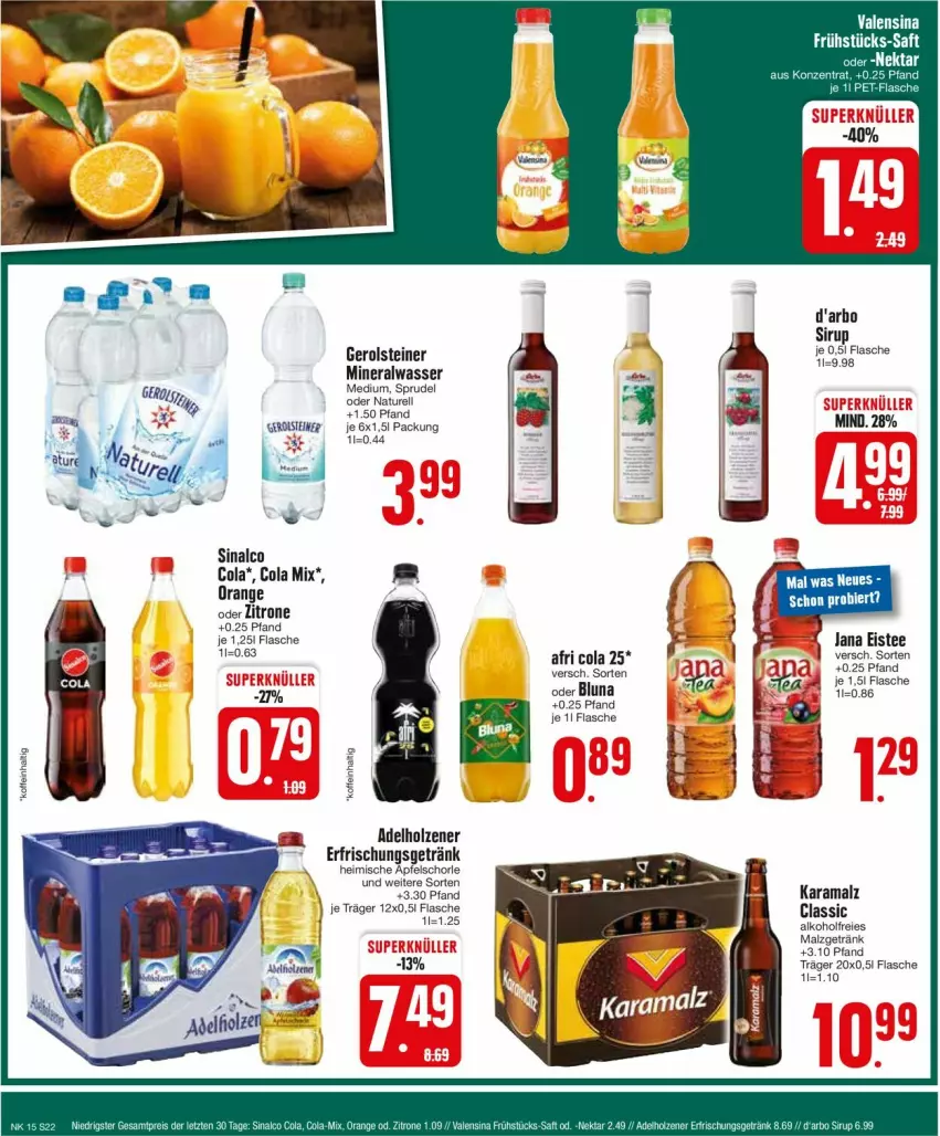 Aktueller Prospekt Edeka - Prospekte - von 08.04 bis 13.04.2024 - strona 22 - produkty: adelholzener, Afri Cola, alkohol, Alwa, apfel, Apfelschorle, bier, cola, eis, eistee, erfrischungsgetränk, flasche, gerolsteine, gerolsteiner, getränk, Holz, karamalz, malz, mineralwasser, natur, orange, rama, rel, schorle, sinalco, sirup, Sprudel, steiner, tee, wasser, zitrone