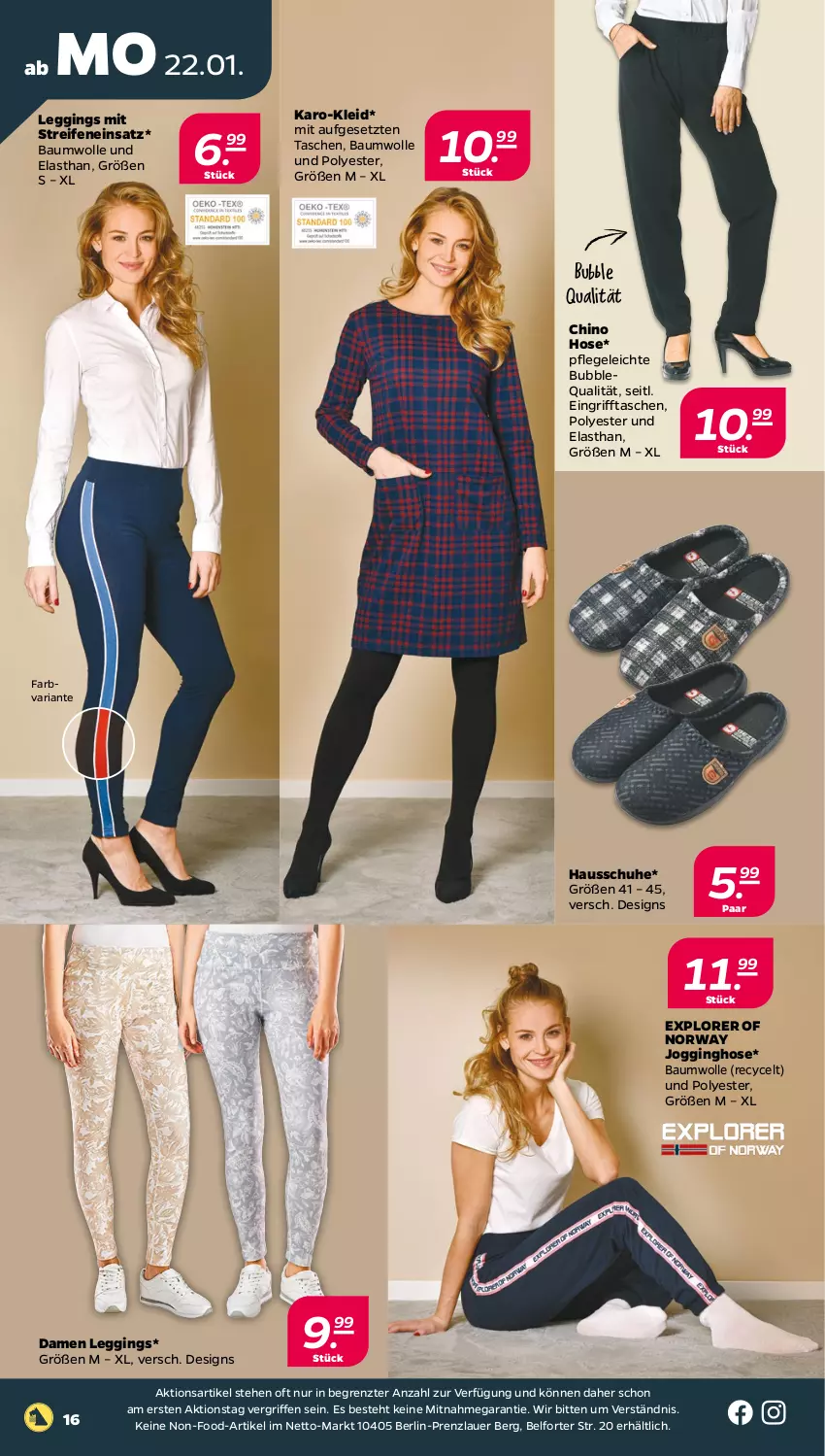 Aktueller Prospekt Netto - Woche 4 - von 22.01 bis 27.01.2024 - strona 16 - produkty: auer, Bau, baumwolle, gin, Hausschuhe, hose, Jogginghose, kleid, leggings, reifen, Ria, schuhe, Tasche, taschen, Ti, wolle, ZTE