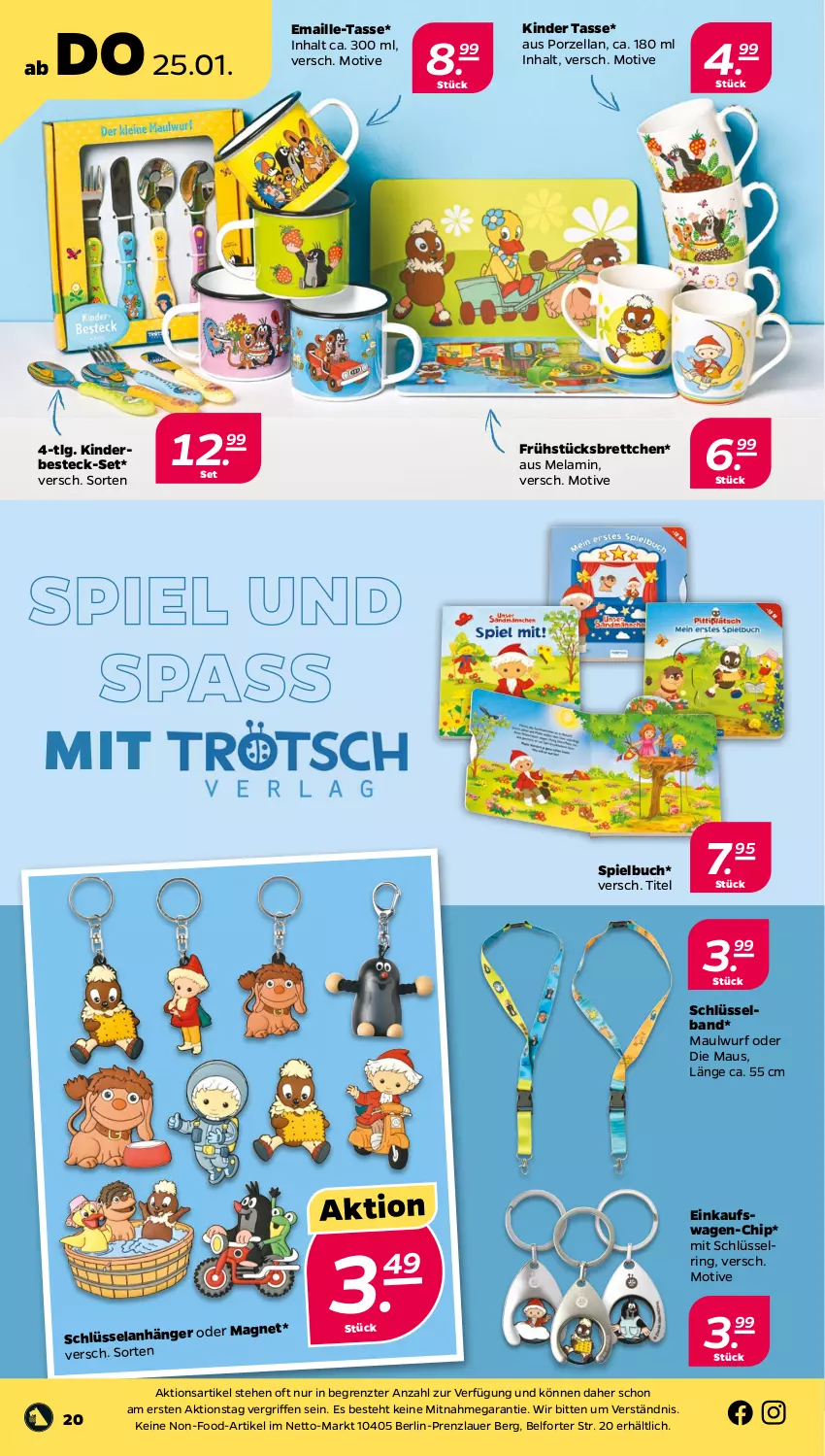 Aktueller Prospekt Netto - Woche 4 - von 22.01 bis 27.01.2024 - strona 20 - produkty: Anhänger, auer, besteck, besteck-set, Brettchen, buch, Elan, Kinder, Kinderbesteck, LG, maille, Maus, ring, tasse, Ti, ZTE