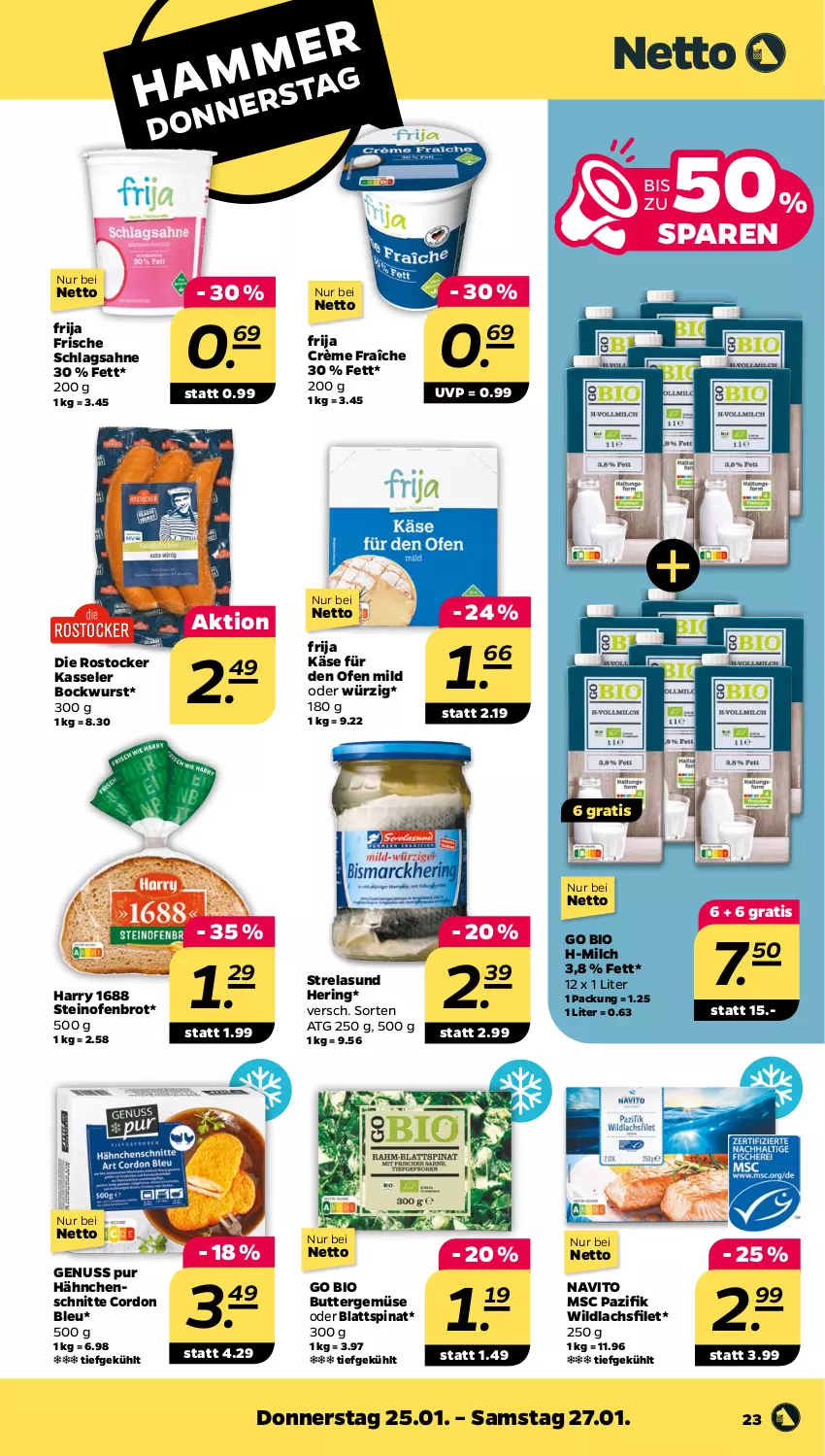 Aktueller Prospekt Netto - Woche 4 - von 22.01 bis 27.01.2024 - strona 23 - produkty: bio, blattspinat, bockwurst, brot, butter, cordon bleu, crème fraîche, filet, hering, Käse, kasseler, lachs, lachsfilet, milch, nuss, Ofen, rel, ring, Rostocker, sahne, schlagsahne, spinat, steinofen, Ti, Wild, wildlachs, wurst