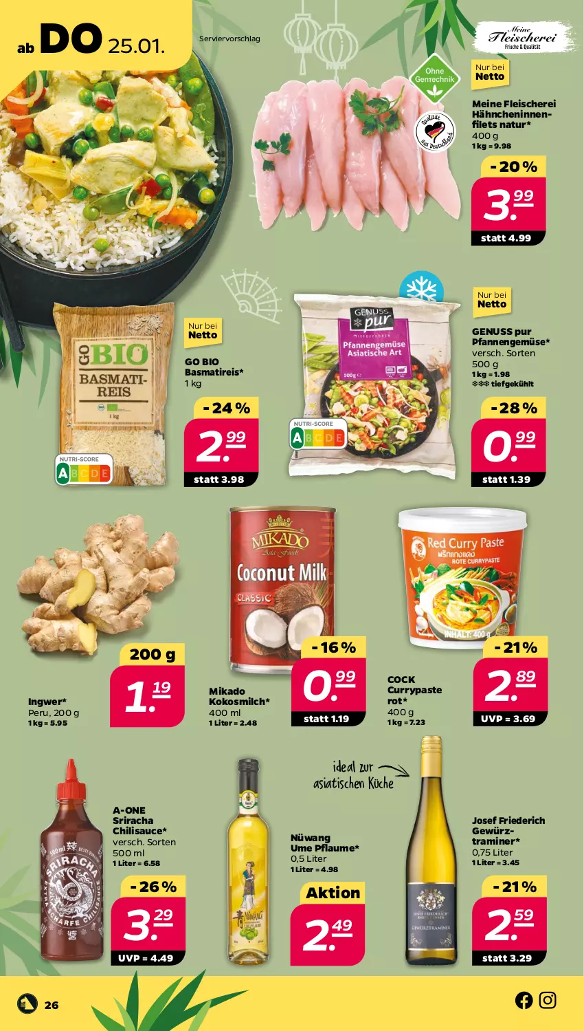 Aktueller Prospekt Netto - Woche 4 - von 22.01 bis 27.01.2024 - strona 26 - produkty: basmati, bio, chili, curry, eis, filet, filets, fleisch, Fleischerei, gewürz, ingwer, kokos, kokosmilch, küche, mikado, milch, natur, nuss, pfanne, pfannen, pflaume, reis, sauce, Schere, Sriracha, Ti, tisch