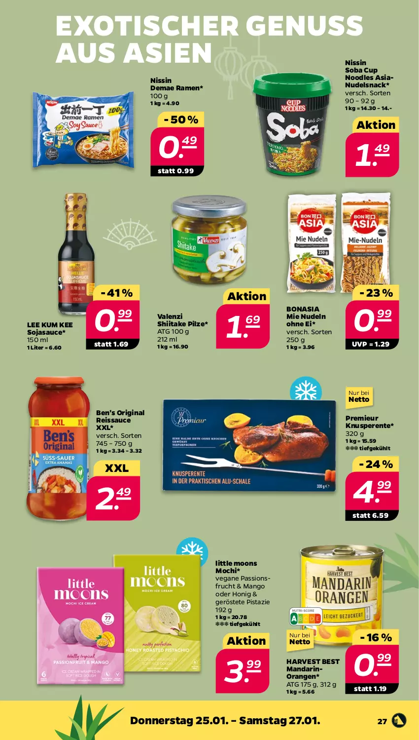 Aktueller Prospekt Netto - Woche 4 - von 22.01 bis 27.01.2024 - strona 27 - produkty: Ben’s Original, Bona, eis, ente, frucht, gin, honig, mango, Mochi, Nissin, nudel, nudeln, nuss, orange, orangen, passionsfrucht, pilze, reis, reiss, sauce, snack, soja, sojasauce, Ti, tisch