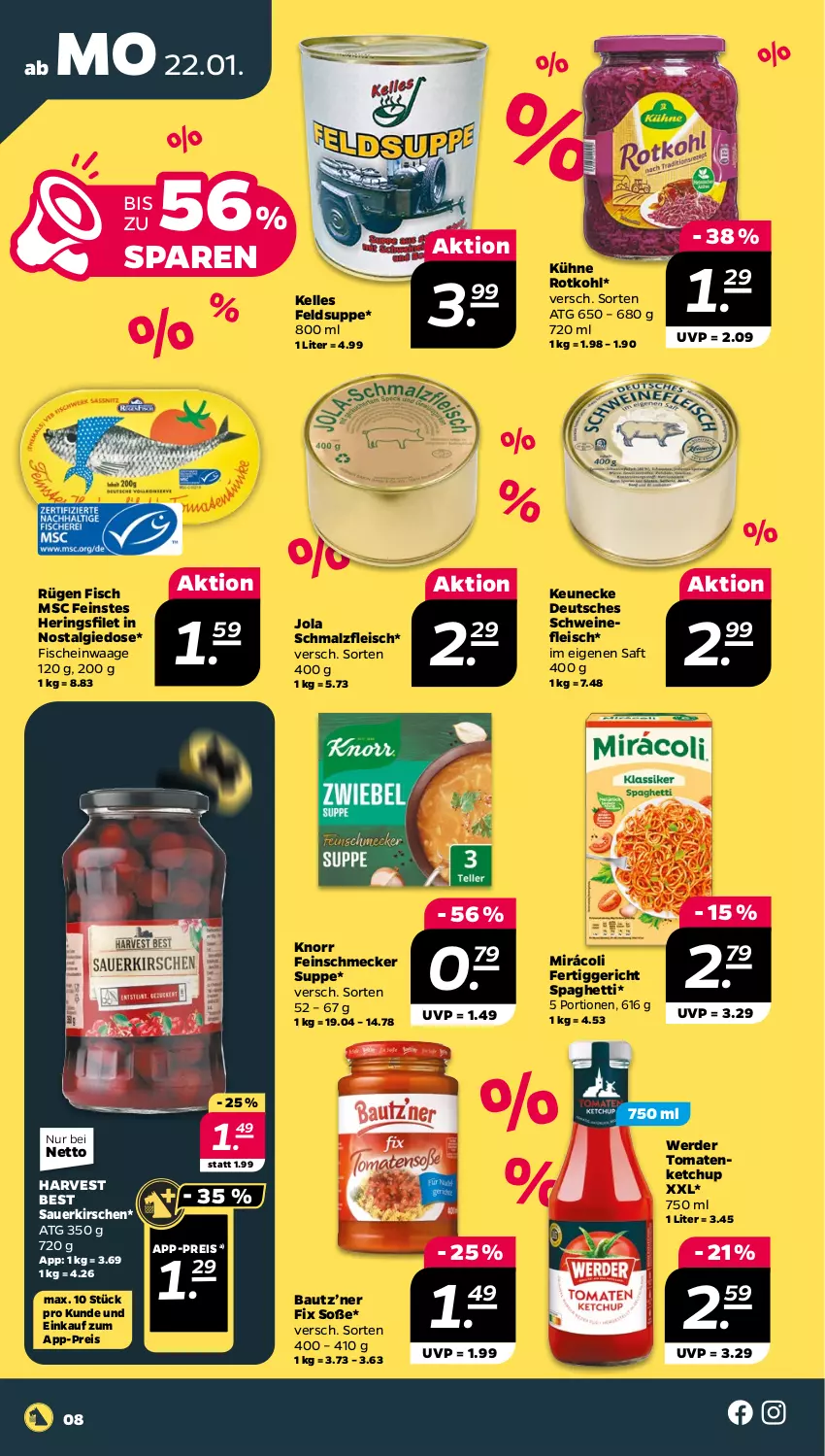 Aktueller Prospekt Netto - Woche 4 - von 22.01 bis 27.01.2024 - strona 8 - produkty: auer, Bau, eis, elle, erde, feinschmecker, fertiggericht, filet, fisch, fische, fleisch, hering, Herings, ketchup, kirsch, kirsche, kirschen, knorr, Kühne, LG, malz, Mirácoli, reis, ring, rotkohl, saft, sauerkirschen, Schmalz, schwein, schweine, schweinefleisch, Soße, spaghetti, suppe, Ti, tomate, tomaten, tomatenketchup, Waage, wein, weine