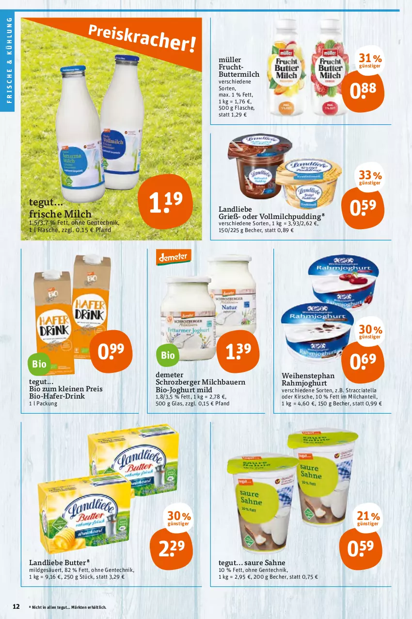 Aktueller Prospekt Tegut - Angebote der Woche - von 08.08 bis 13.08.2022 - strona 12 - produkty: ACC, auer, Bau, Bauer, Becher, Berger, bio, bio-joghurt, butter, buttermilch, drink, eis, ente, flasche, frische milch, frucht, hafer, HP, joghur, joghurt, joghurt mild, kirsch, kirsche, landliebe, leine, milch, Müller, pudding, rahmjoghurt, reis, sahne, Ti, vollmilch, weihenstephan