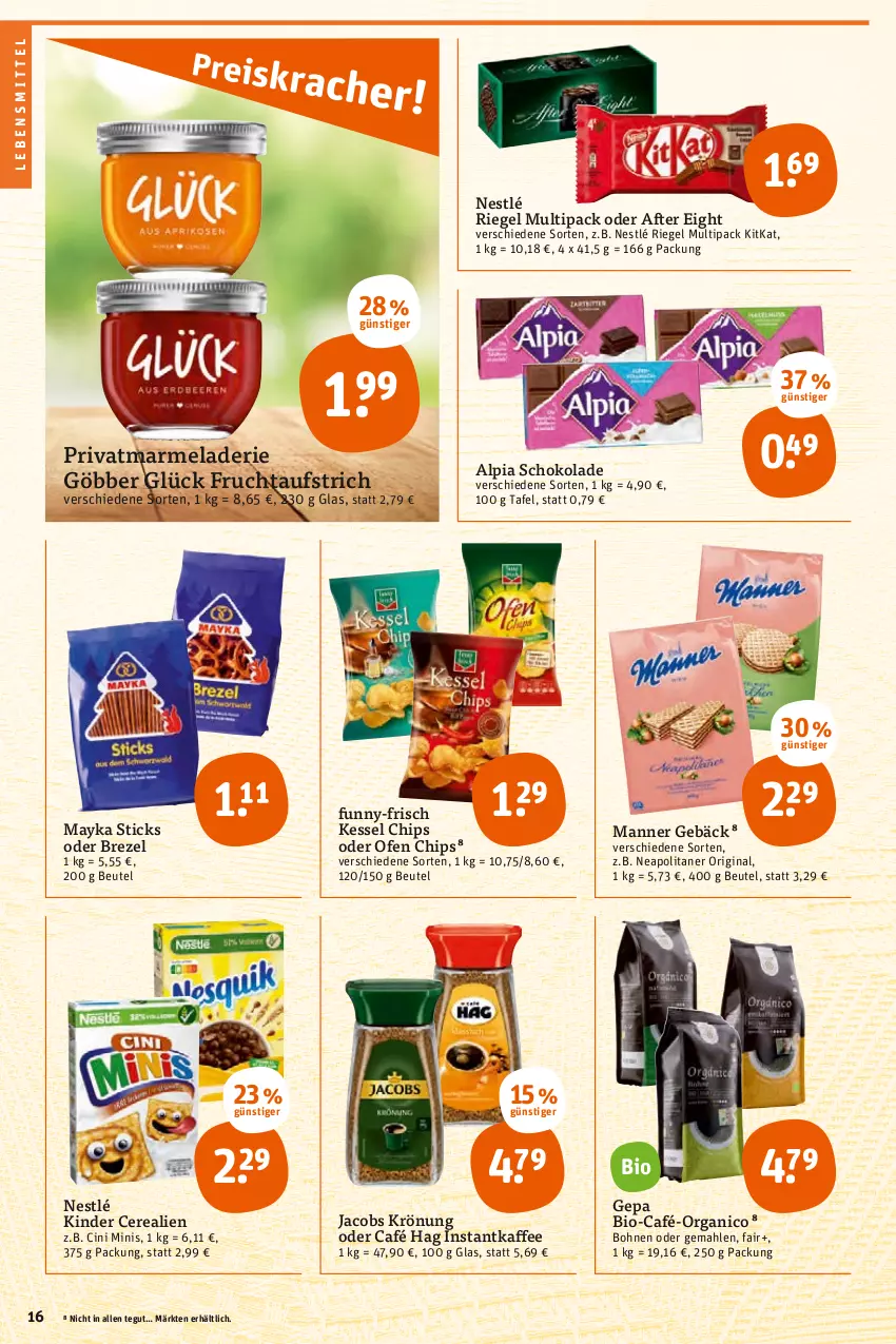 Aktueller Prospekt Tegut - Angebote der Woche - von 08.08 bis 13.08.2022 - strona 16 - produkty: after eight, alpia, aufstrich, beutel, bio, bohne, bohnen, brezel, cerealien, chips, cin, frucht, fruchtaufstrich, funny-frisch, gin, instantkaffee, jacobs, jacobs krönung, kaffee, Kinder, kitkat, lebensmittel, Manner, marmelade, nestlé, Ofen, riegel, schoko, schokolade, Ti