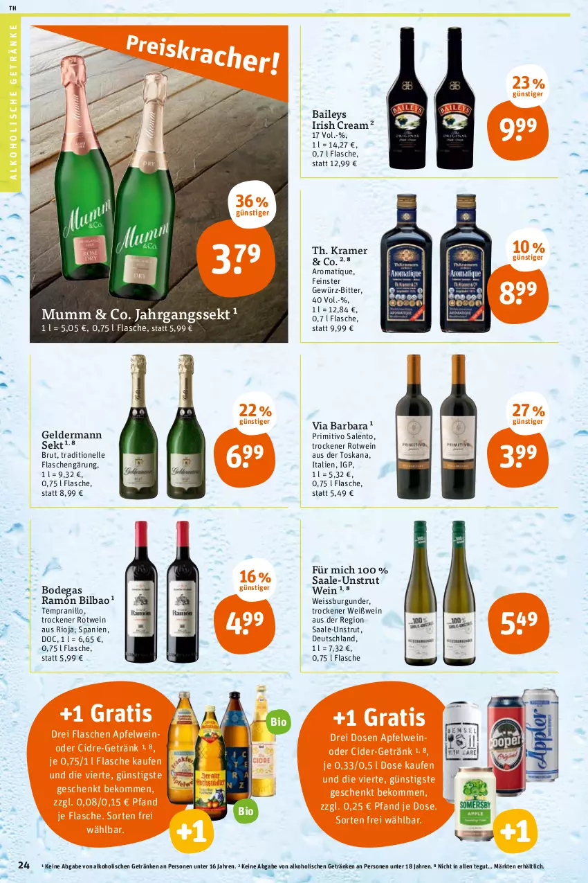 Aktueller Prospekt Tegut - Angebote der Woche - von 08.08 bis 13.08.2022 - strona 24 - produkty: alkohol, alkoholische getränke, apfel, apfelwein, baileys, beko, bio, brut, burgunder, cider, eis, elle, flasche, geldermann, getränk, getränke, gewürz, irish cream, jahrgangssekt, mumm, primitivo, rioja, rotwein, sekt, tempranillo, Ti, wein, Weißwein