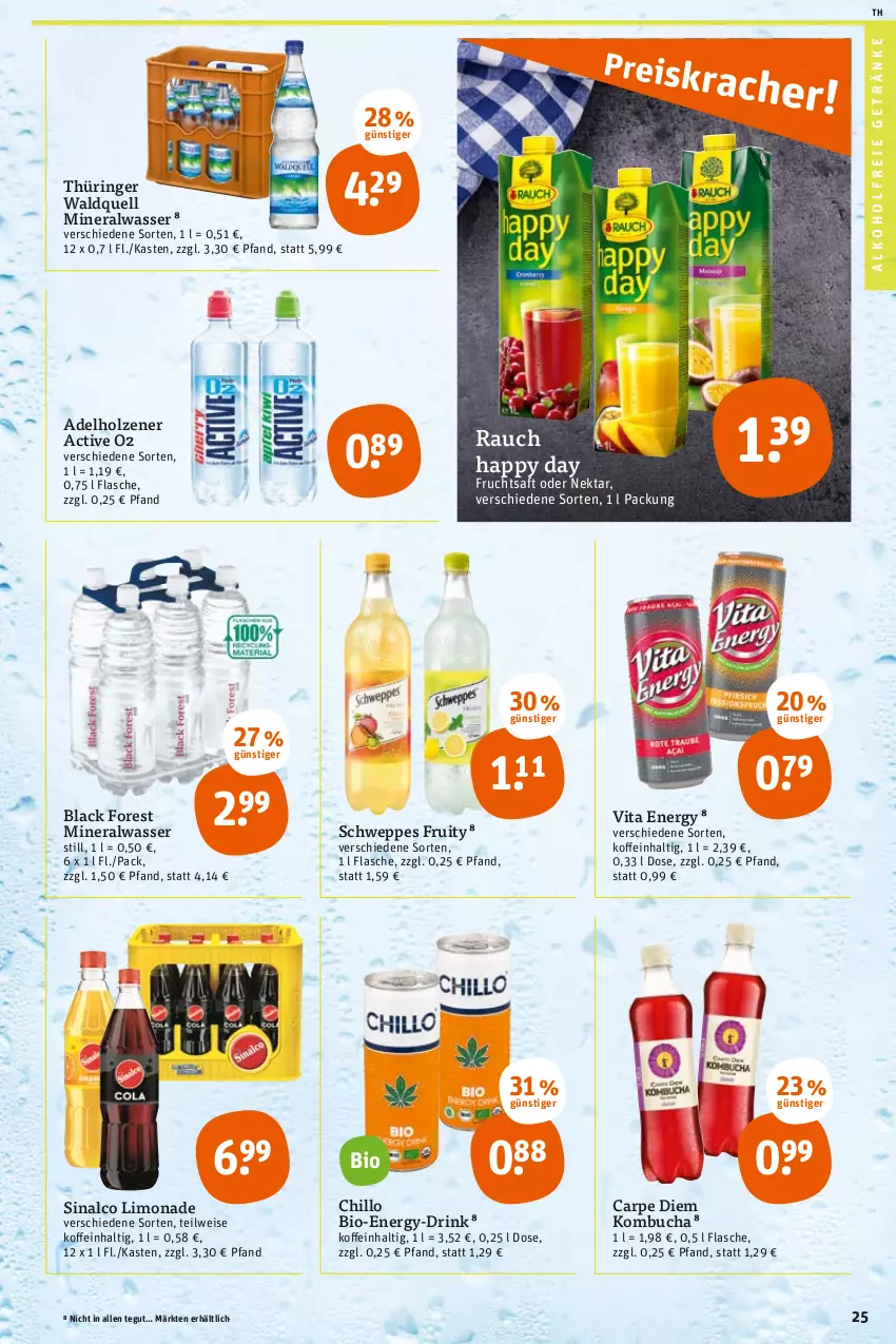 Aktueller Prospekt Tegut - Angebote der Woche - von 08.08 bis 13.08.2022 - strona 25 - produkty: adelholzener, alkohol, alkoholfreie getränke, Alwa, bio, black forest, buch, drink, eis, flasche, frucht, fruchtsaft, getränk, getränke, Happy Day, Holz, lack, limo, limonade, mineralwasser, Nektar, Rauch, ring, saft, schweppes, sinalco, Ti, vita, Vita Energy, wasser